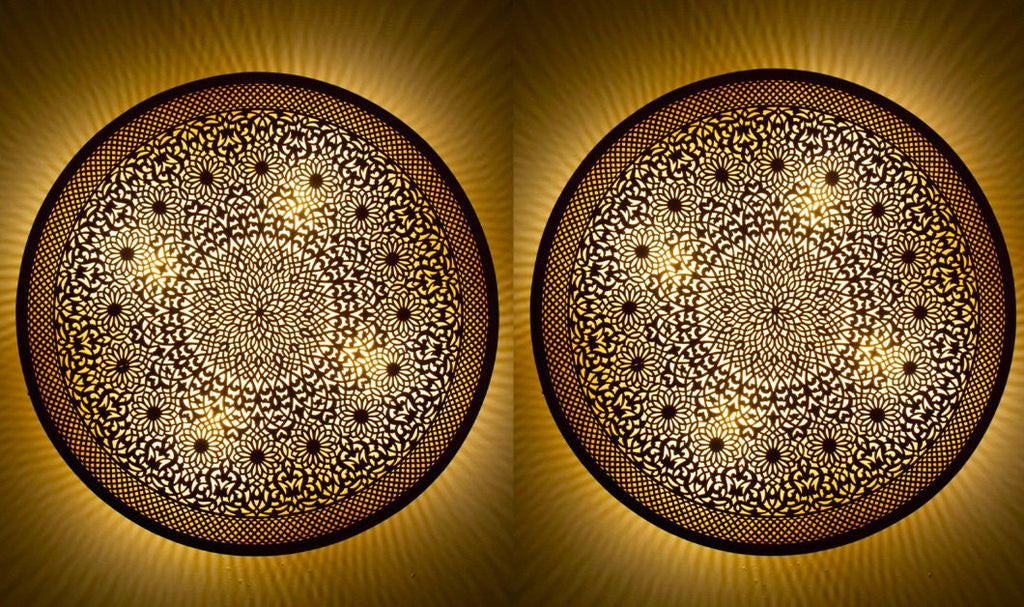 Set of 2 Handmade Moroccan Brass Wall Lights: Floral Engraved Decor