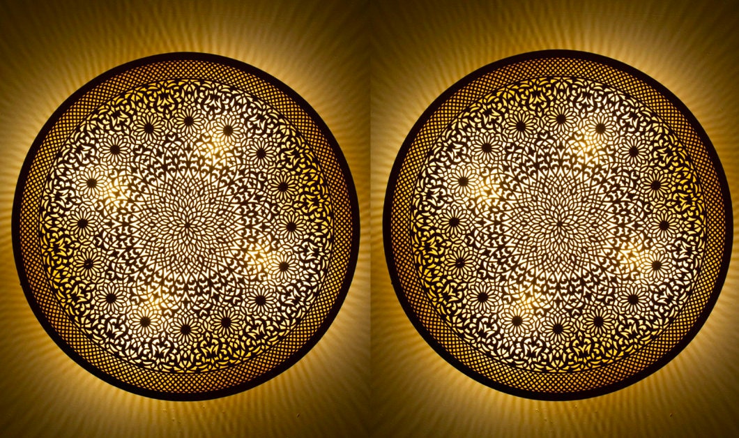 Set of 2 Handmade Moroccan Brass Wall Lights: Floral Engraved Decor