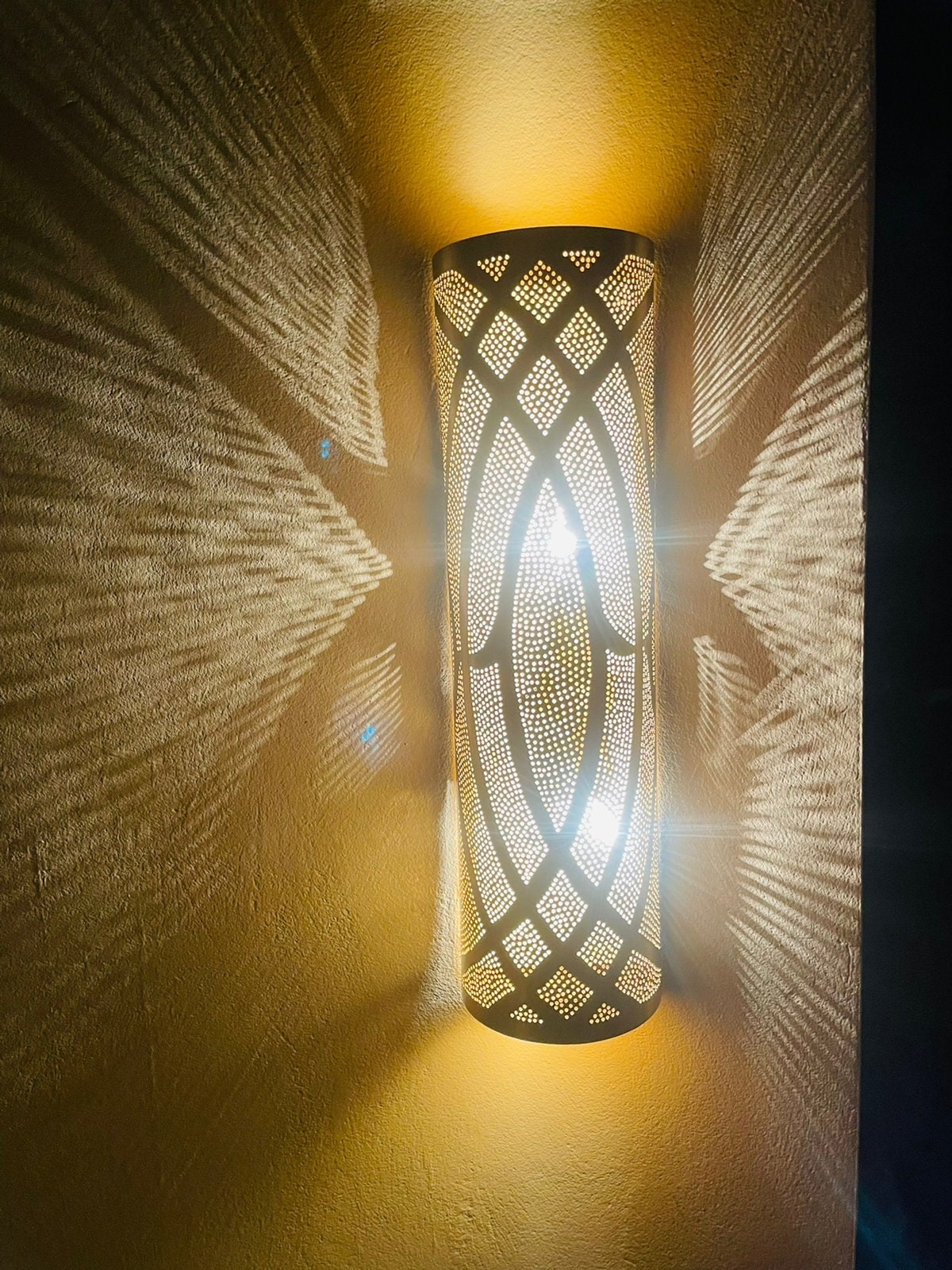 Handmade Moroccan Brass Wall Sconce: Intricate Patterned Lighting Creates Ambiance
