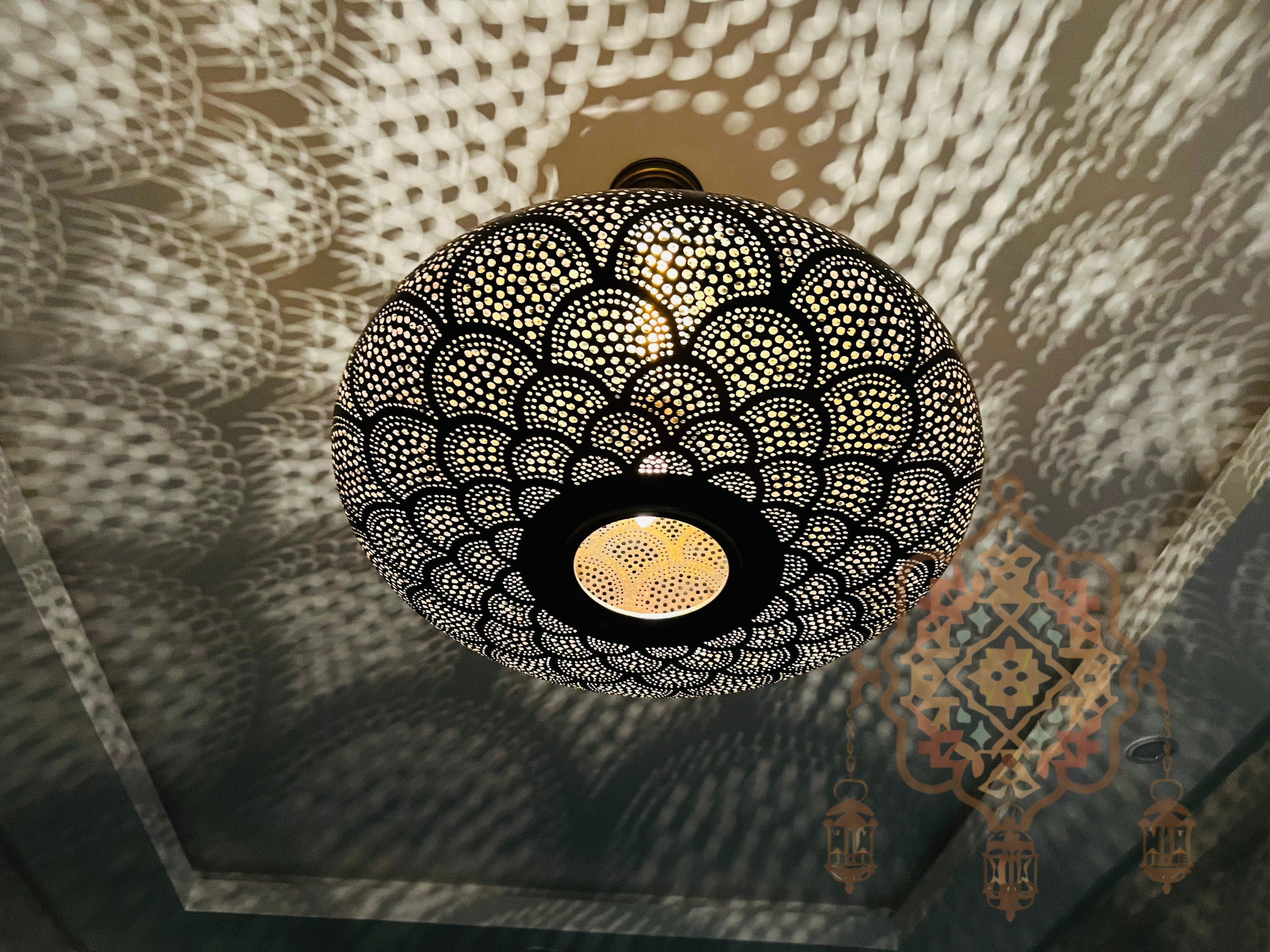 Handcrafted Moroccan Brass Pendant Light: Rustic Copper Ceiling Lamp