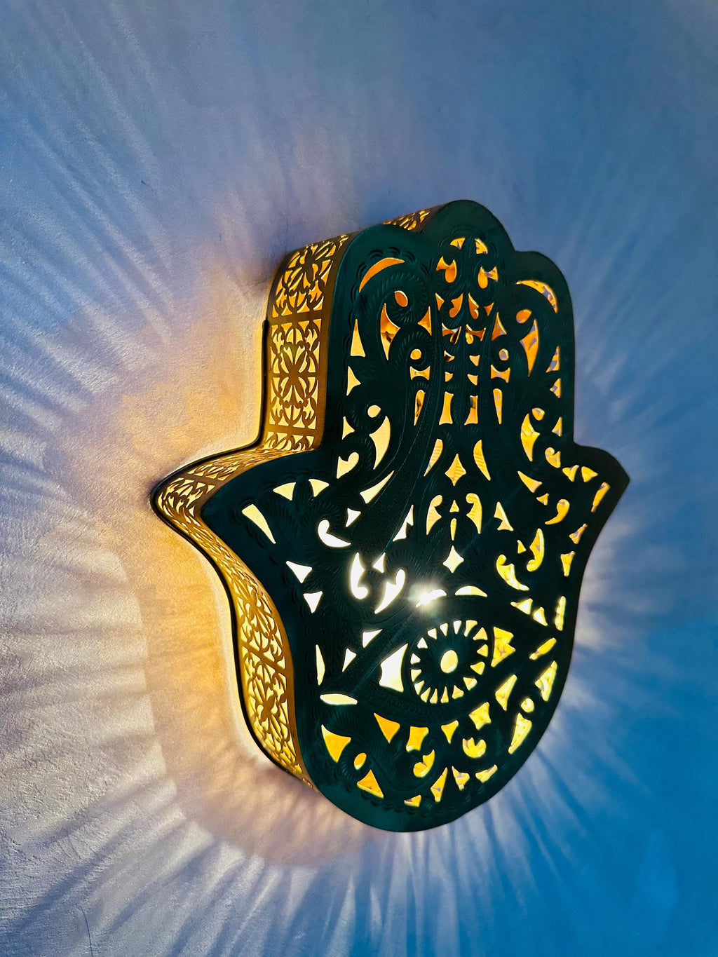 Handcrafted Moroccan Copper Wall Sconce: KHMISA Hamsa Design