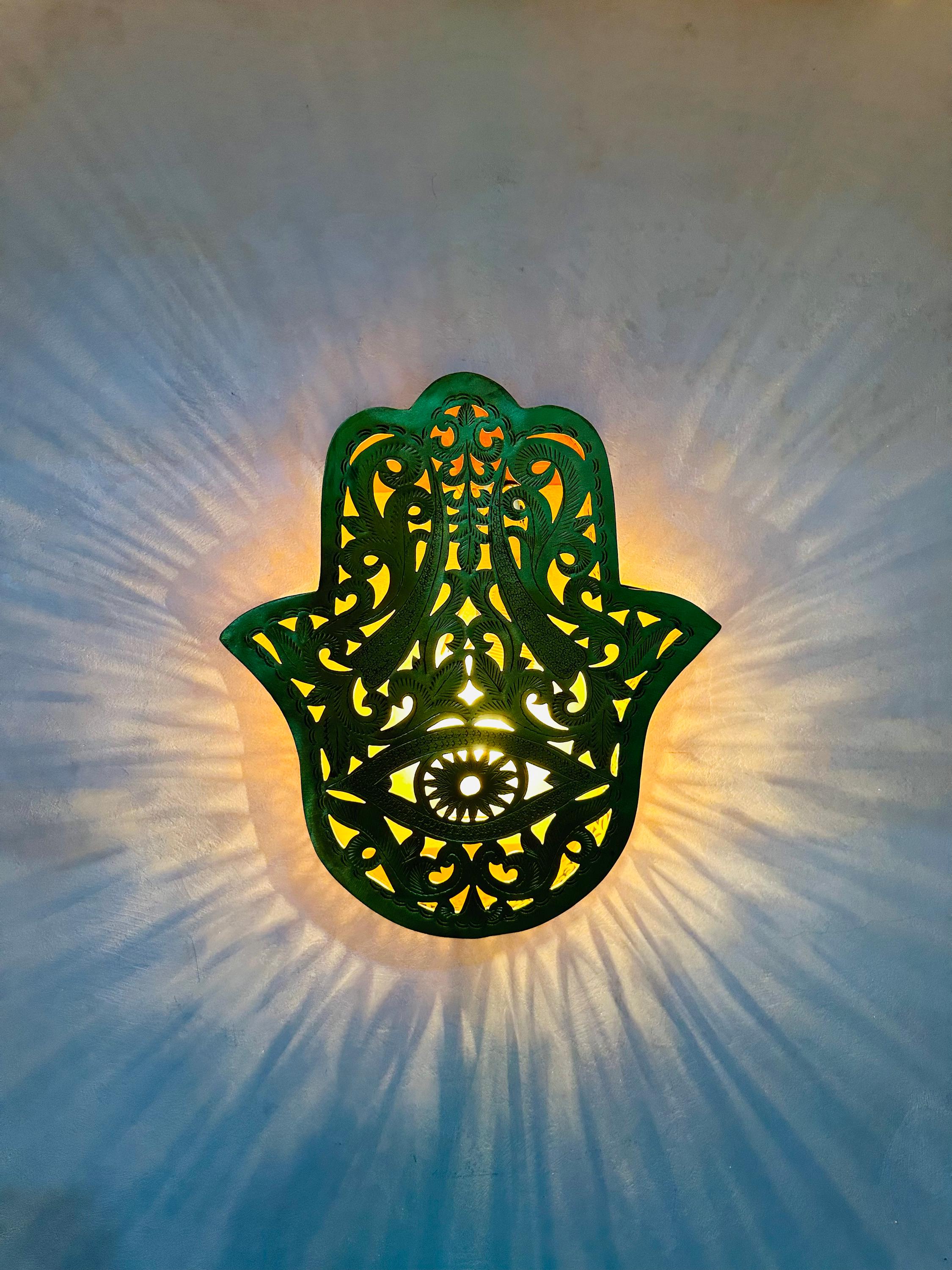 Handcrafted Moroccan Copper Wall Sconce: KHMISA Hamsa Design