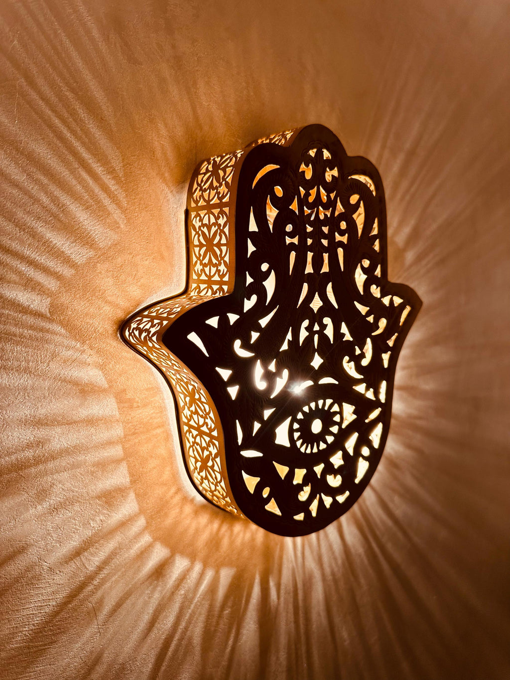 Handcrafted Moroccan Copper Wall Sconce: KHMISA Hamsa Design