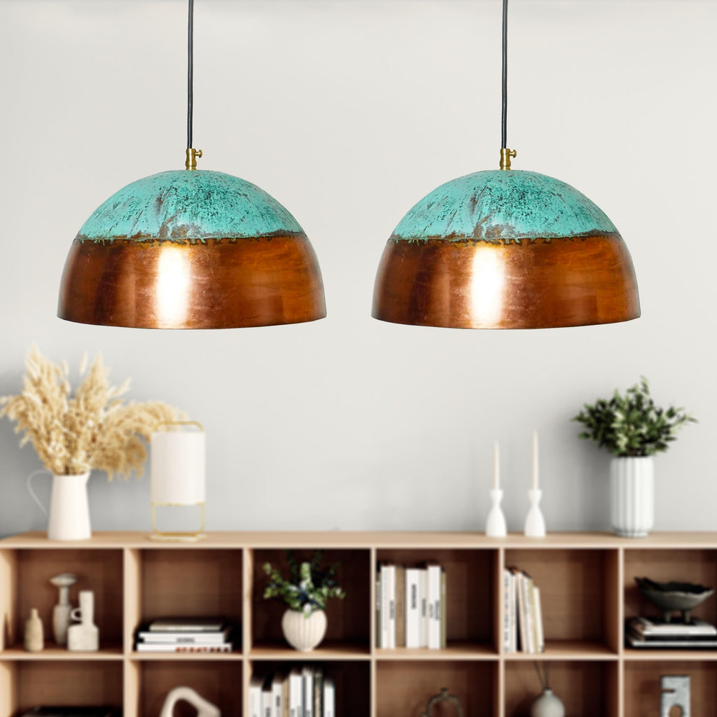 Handmade Brass Patina Pendant Light: Rustic Farmhouse Dome Ceiling Fixture