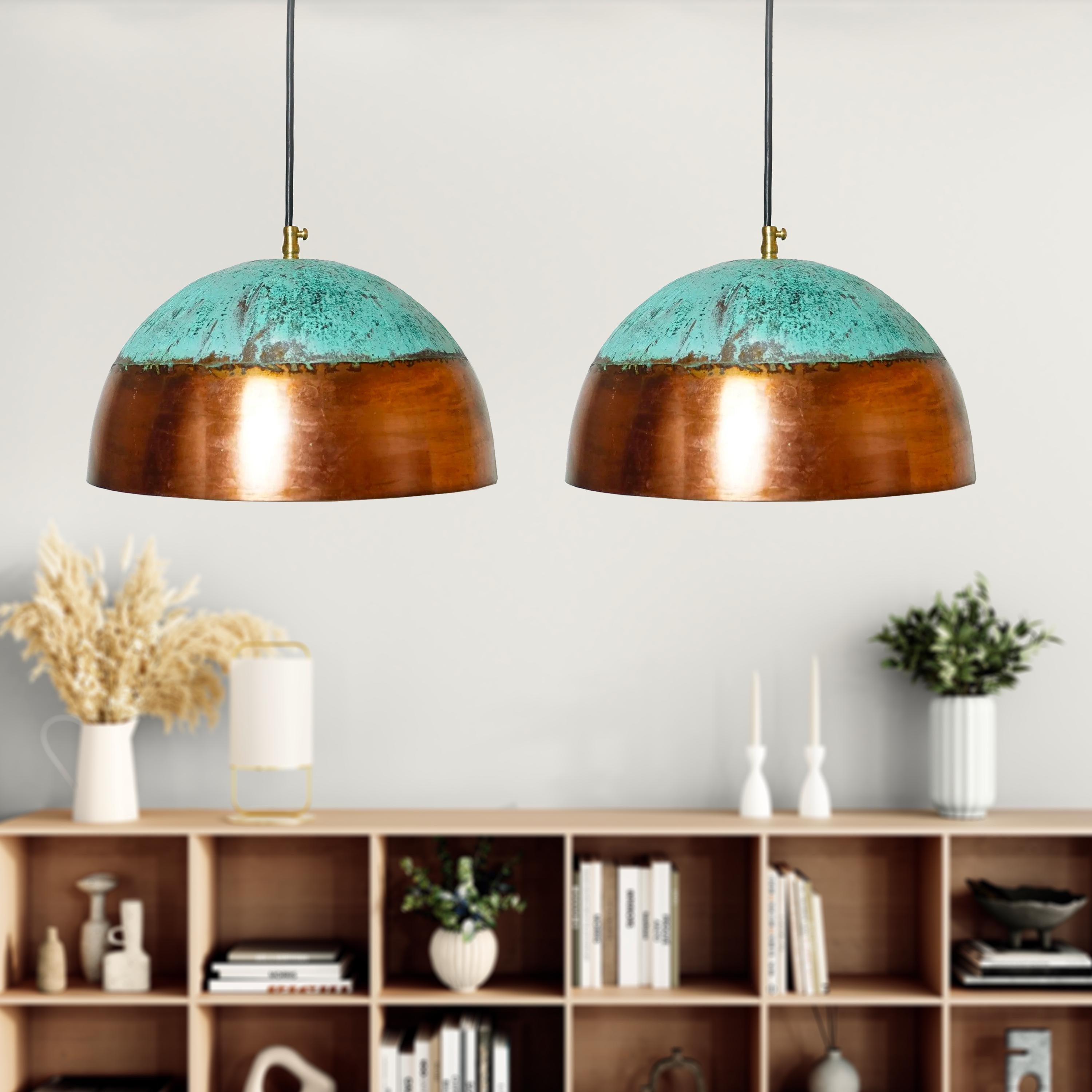 Handmade Brass Patina Pendant Light: Rustic Farmhouse Dome Ceiling Fixture