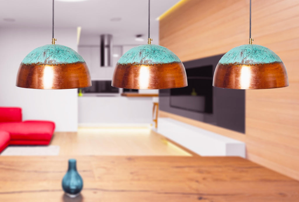 Handmade Brass Patina Pendant Light: Rustic Farmhouse Dome Ceiling Fixture