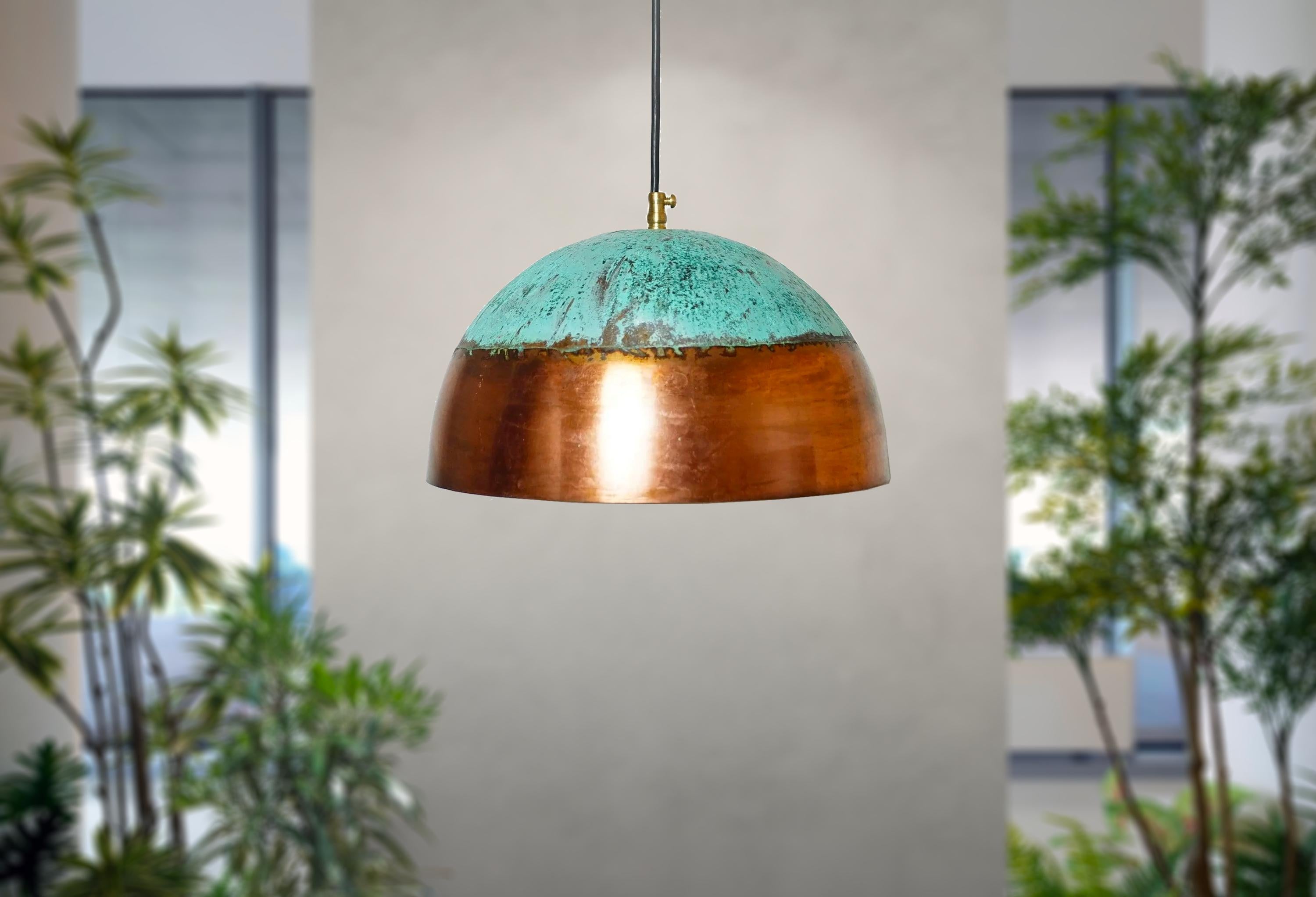 Handmade Brass Patina Pendant Light: Rustic Farmhouse Dome Ceiling Fixture