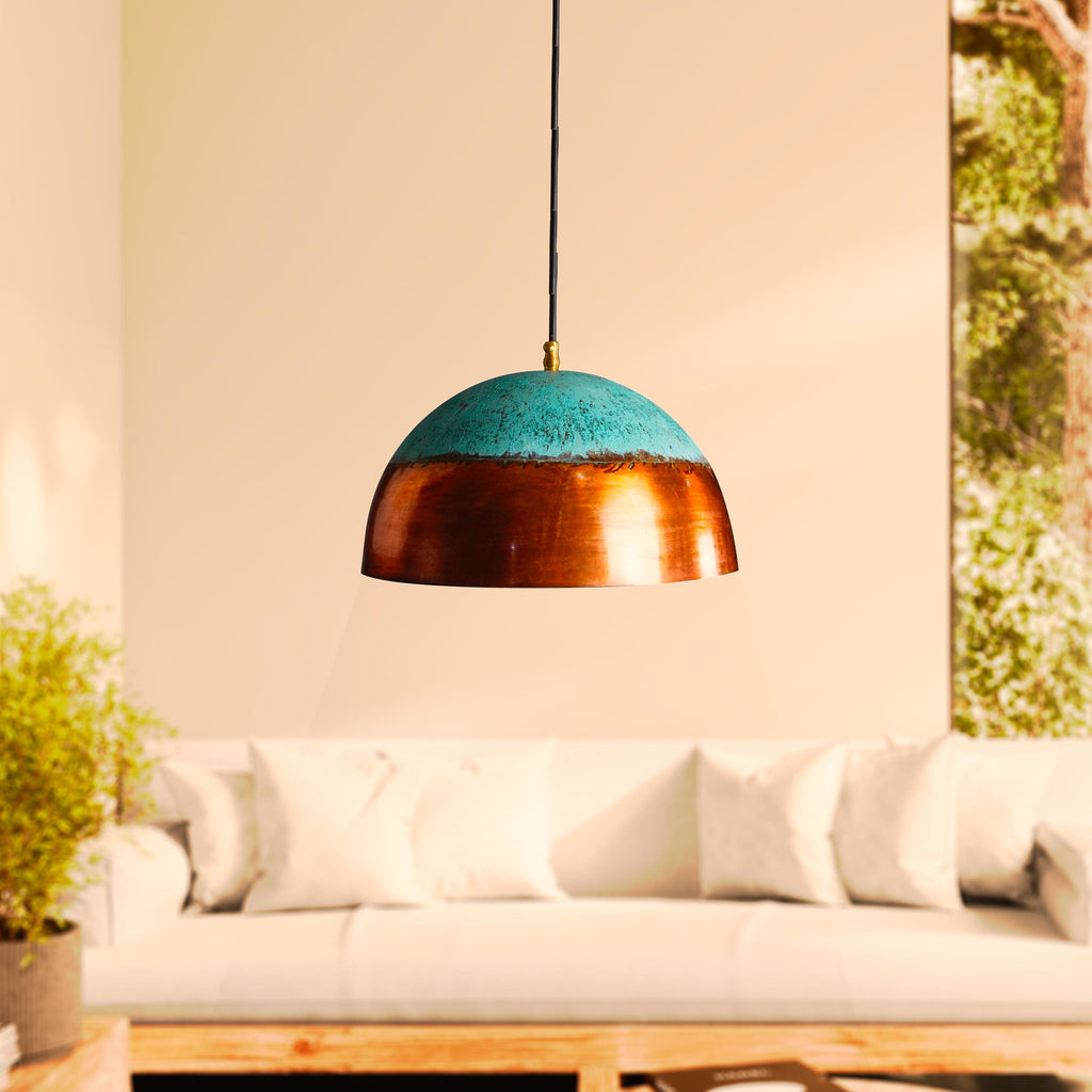 Handmade Brass Patina Pendant Light: Rustic Farmhouse Dome Ceiling Fixture