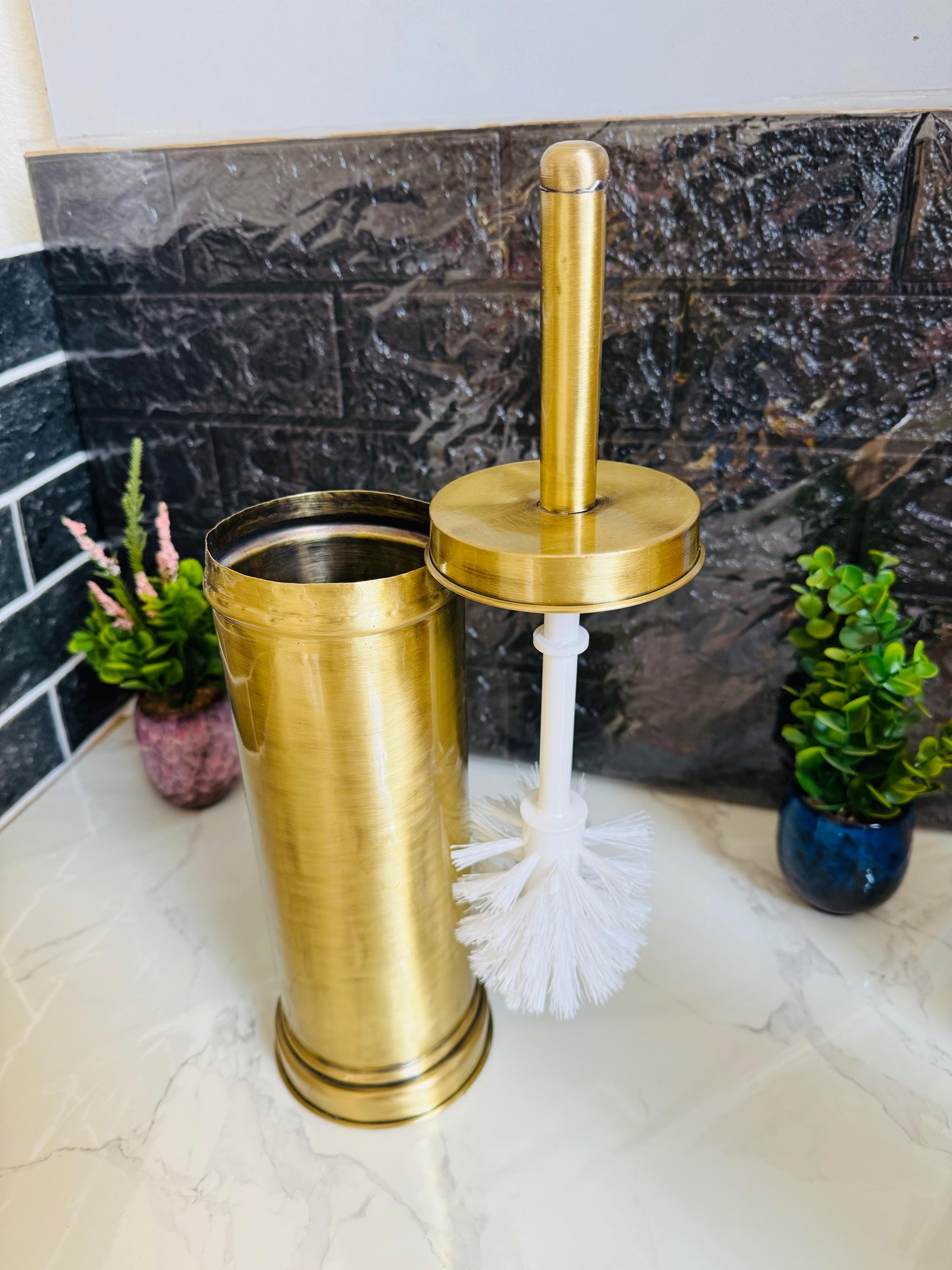 Handcrafted Unlacquered Brass Toilet Brush: Moroccan Style