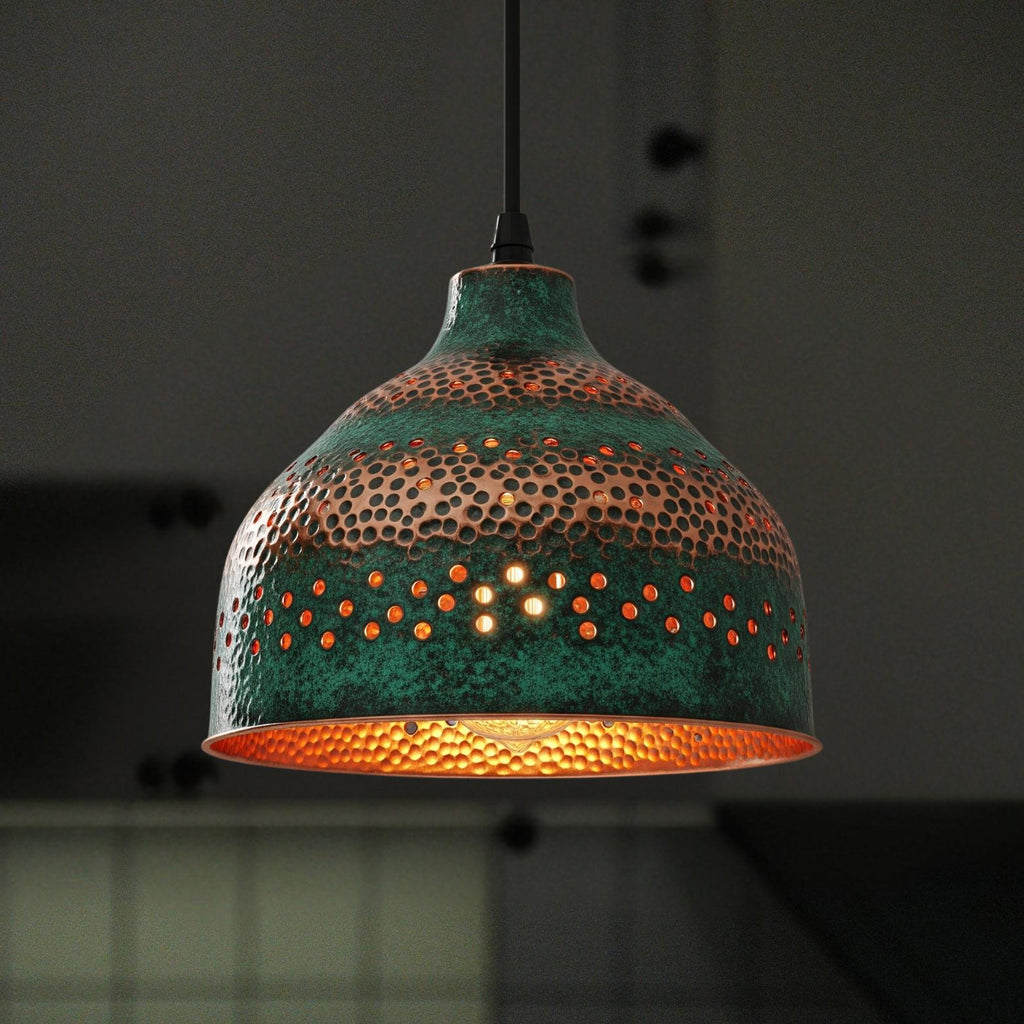 Blue Patina Copper Pendant Light: Rustic Dome Hanging Fixture