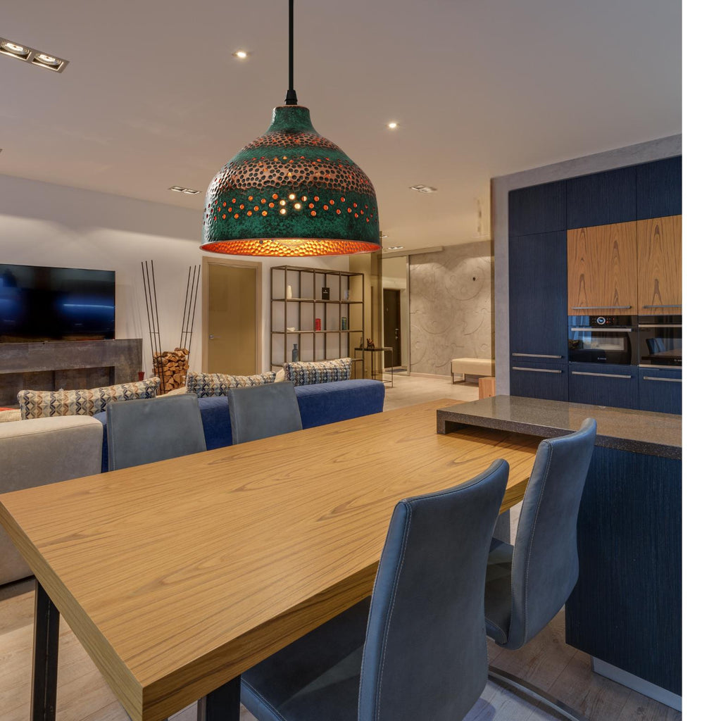Blue Patina Copper Pendant Light: Rustic Dome Hanging Fixture