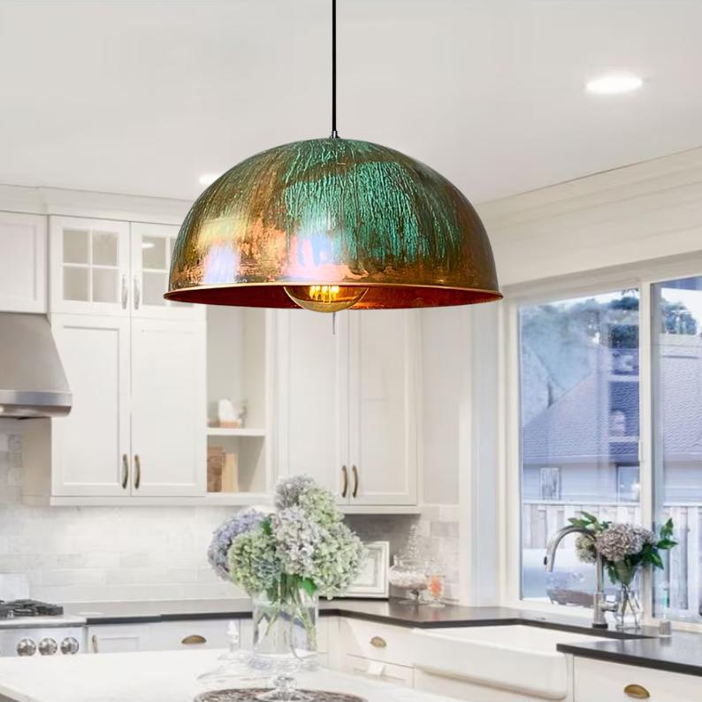 Handmade Green Dome Pendant Light: Rustic Farmhouse Kitchen Lighting