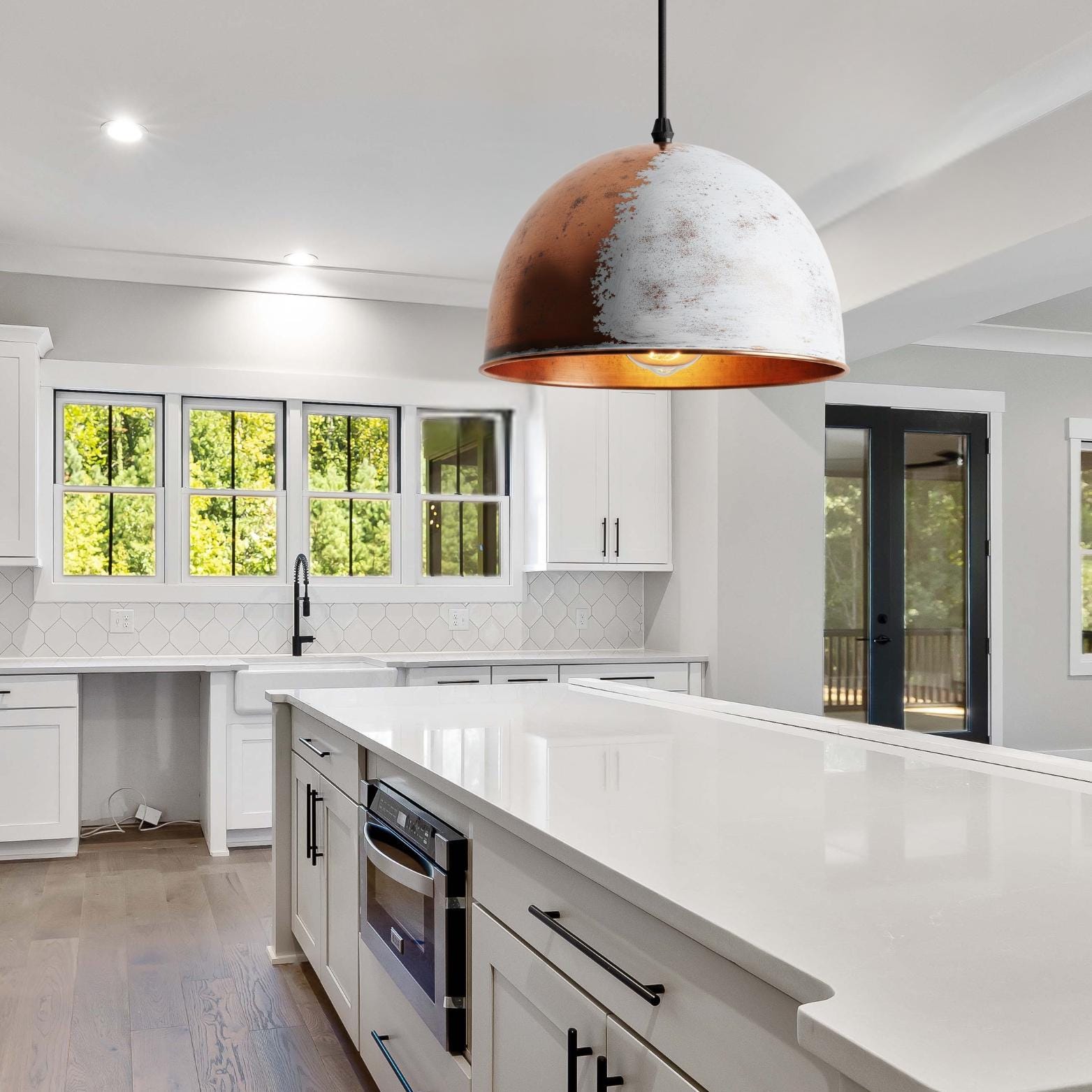 White Patina Copper Pendant Light: Hand-Hammered Dome Lamp, Coastal Modern