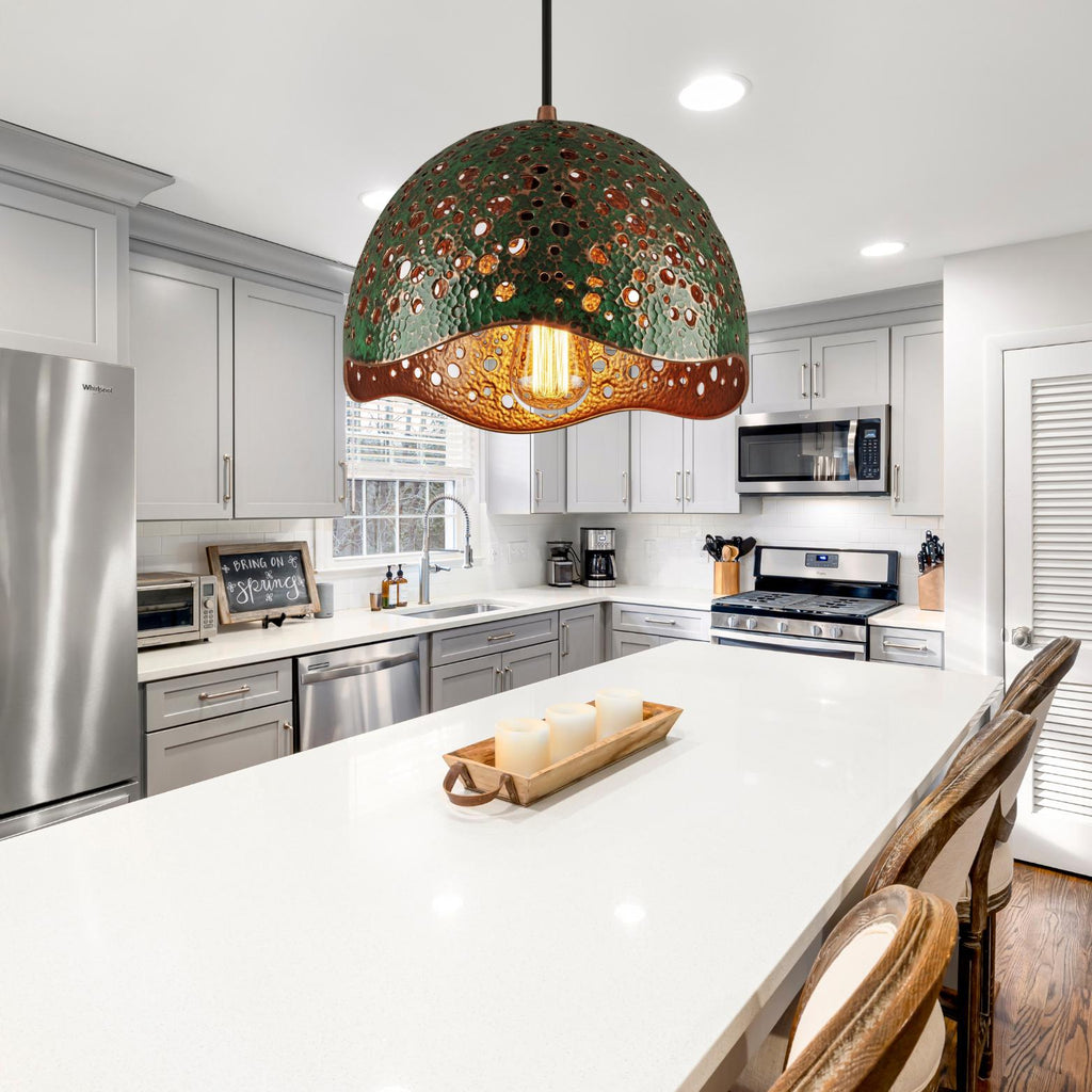 Rustic Green Verdigris Dome Pendant, Hammered Copper Light, Farmhouse Chandelier, Industrial Kitchen Island Lighting