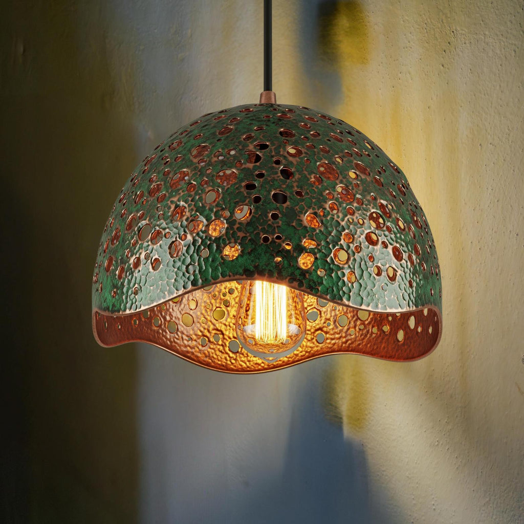 Rustic Green Verdigris Dome Pendant, Hammered Copper Light, Farmhouse Chandelier, Industrial Kitchen Island Lighting