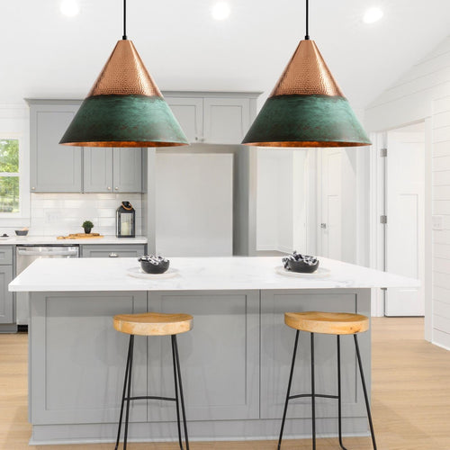 Hammered Copper & Green Patina Cone Pendant Light - Marrakesh