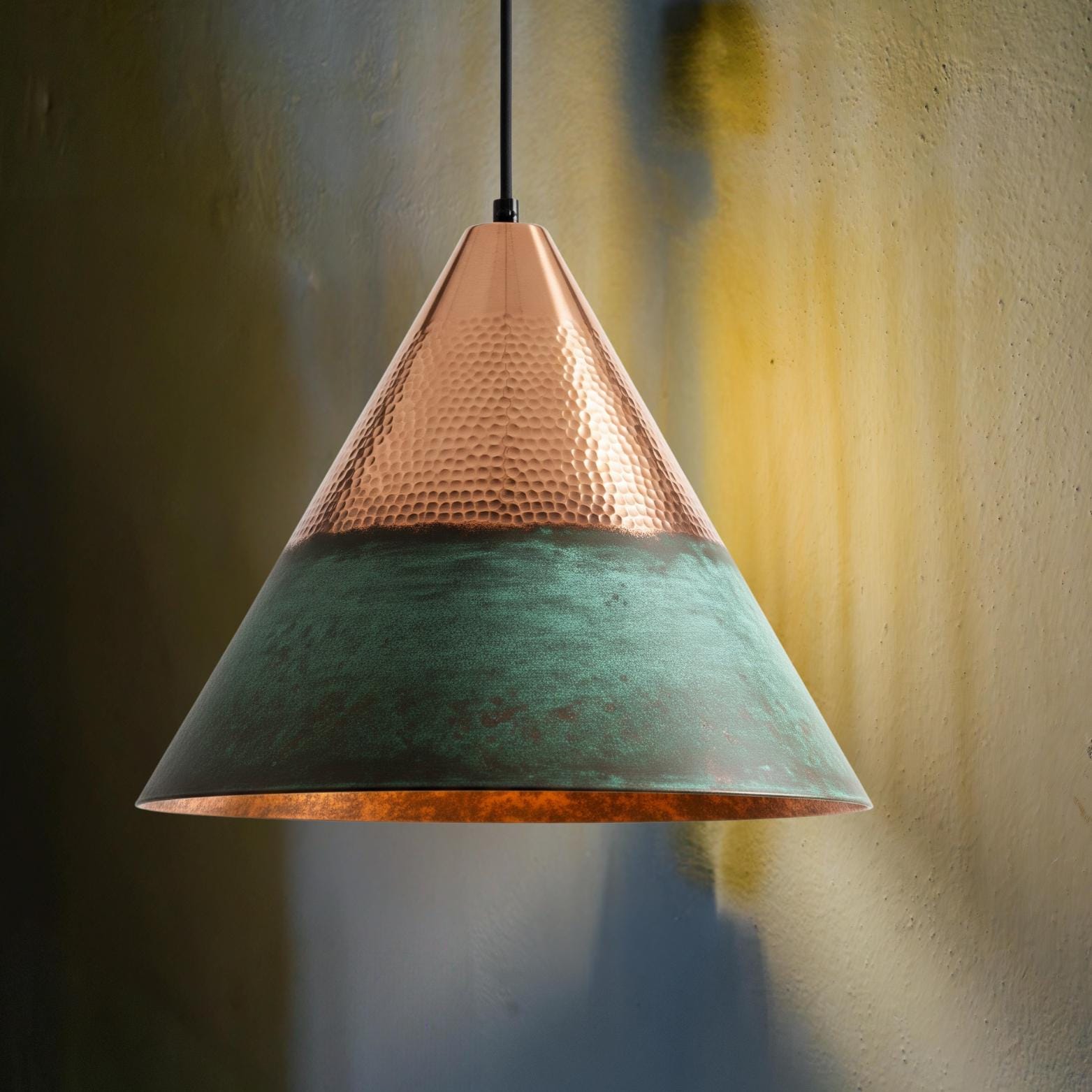 Hammered Copper & Green Patina Cone Pendant Light - Marrakesh