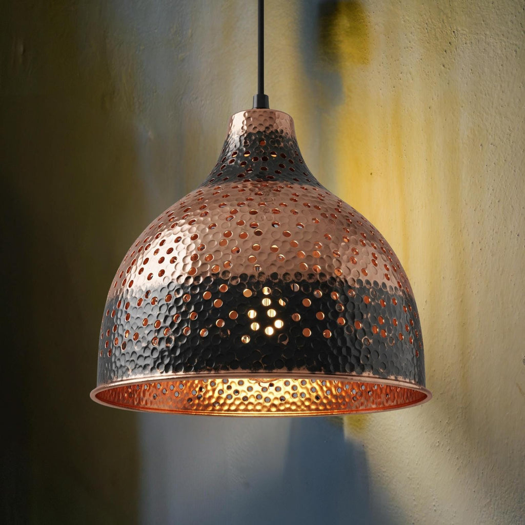 Hammered Copper Pendant Light: Black Dome, Pierced Starlight Design