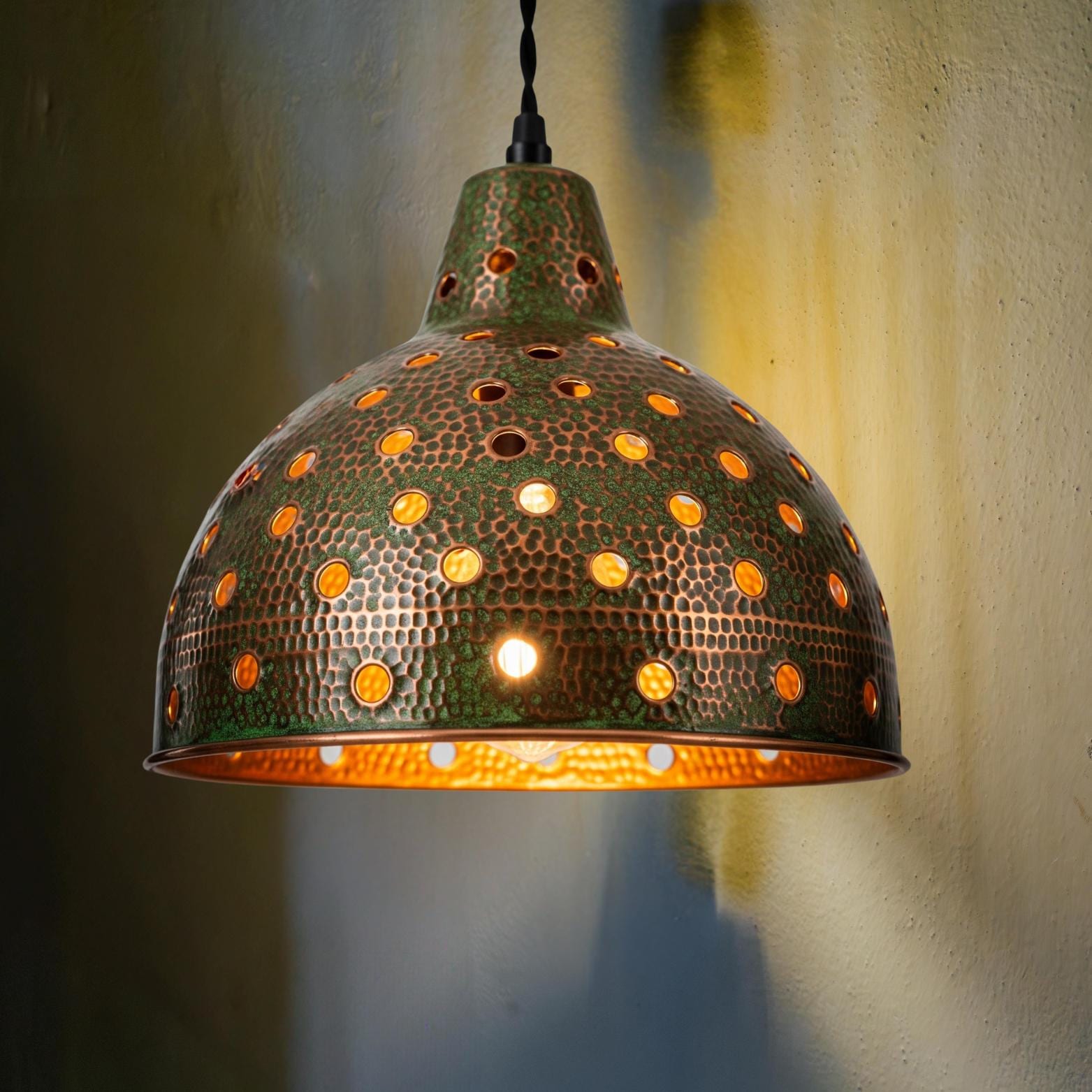 Green Patina Pierced Copper Pendant Light: Bohemian Farmhouse Lighting