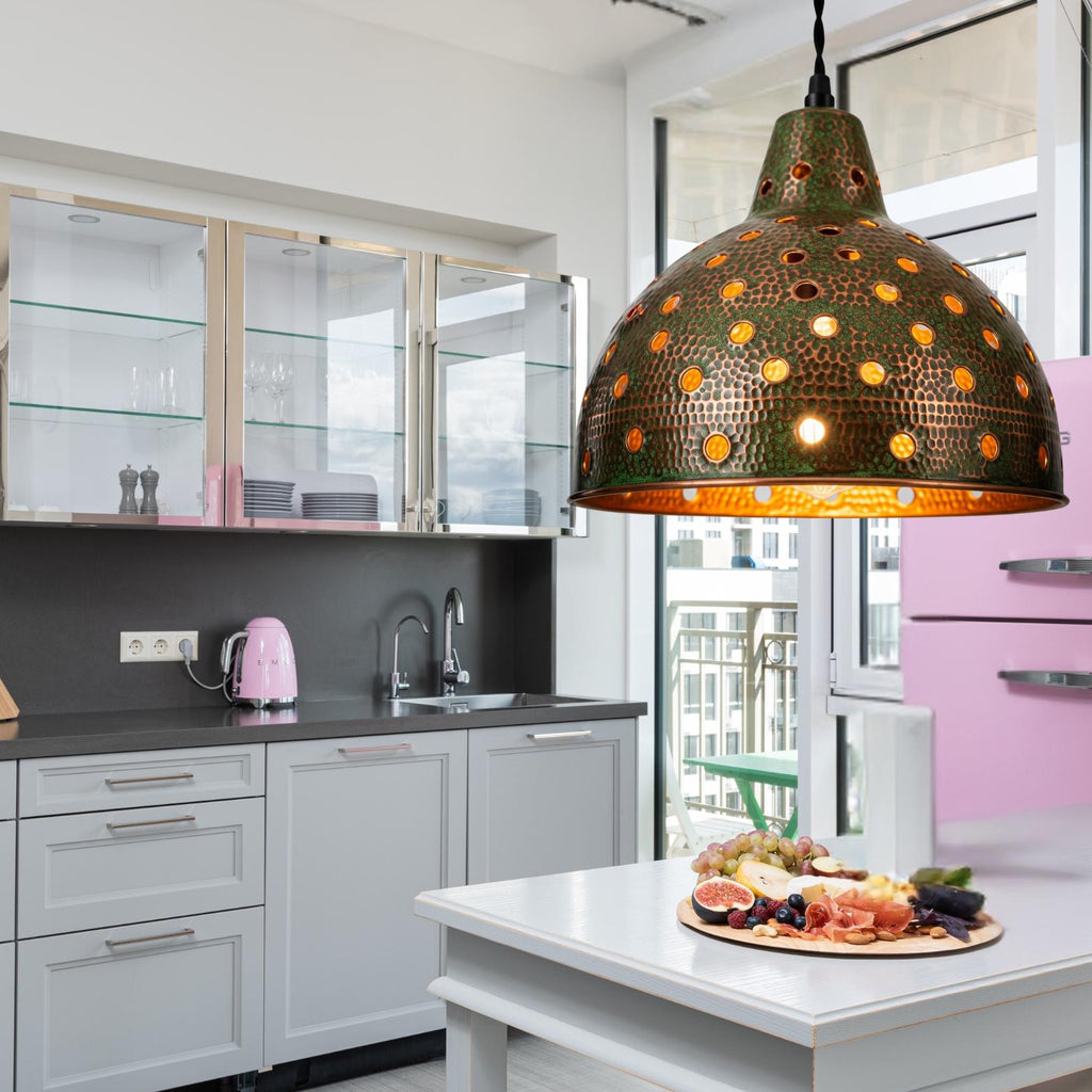 Green Patina Pierced Copper Pendant Light: Bohemian Farmhouse Lighting
