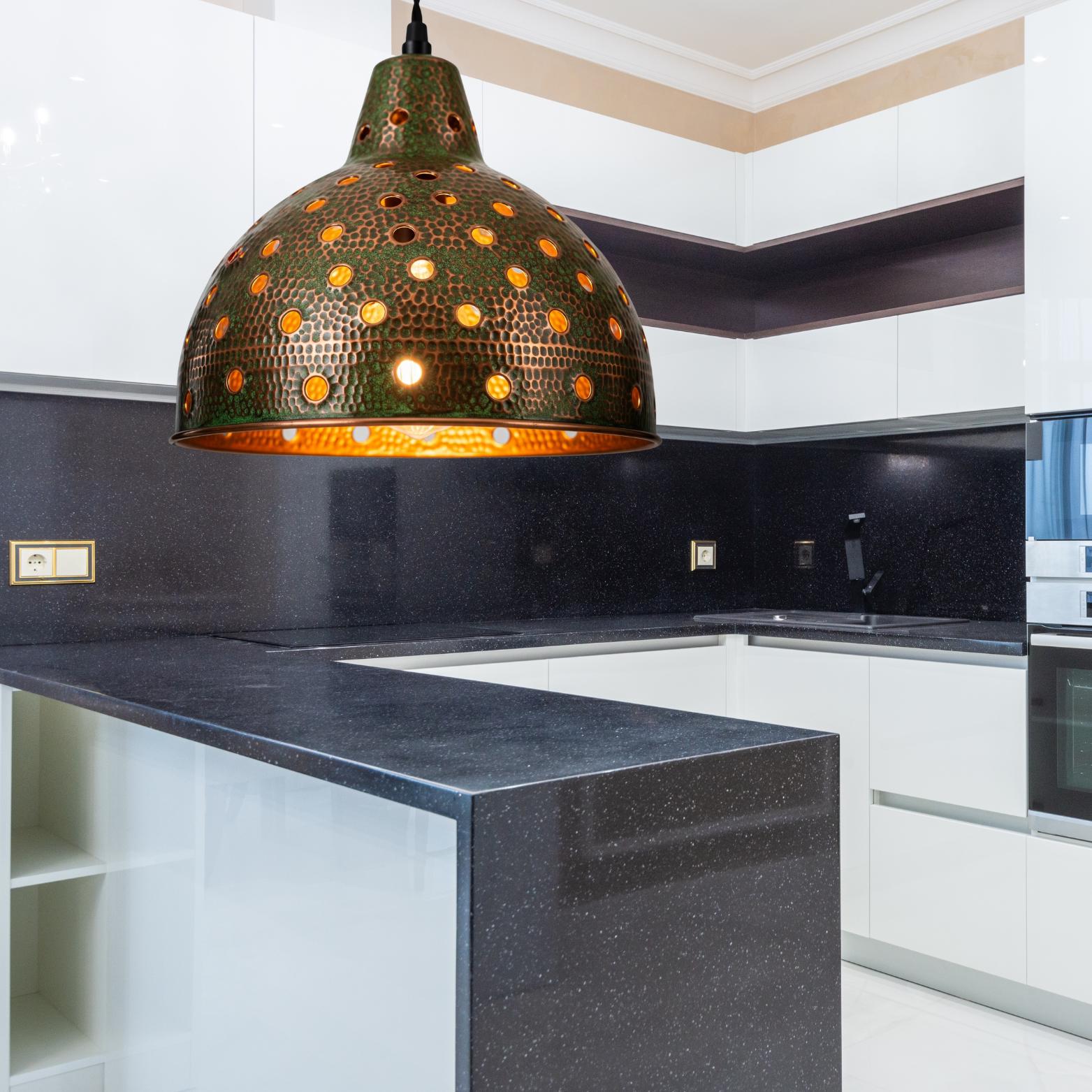 Green Patina Pierced Copper Pendant Light: Bohemian Farmhouse Lighting