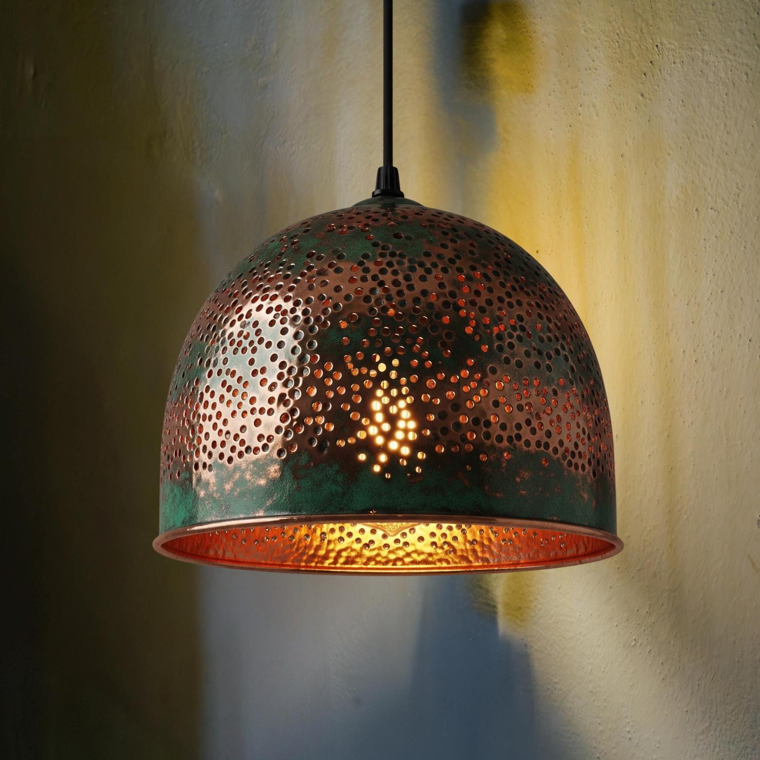 Bohemian Dome Pendant Light, Green Patina & Copper "Starry Sky" Lamp, Rustic Pierced Ceiling Fixture