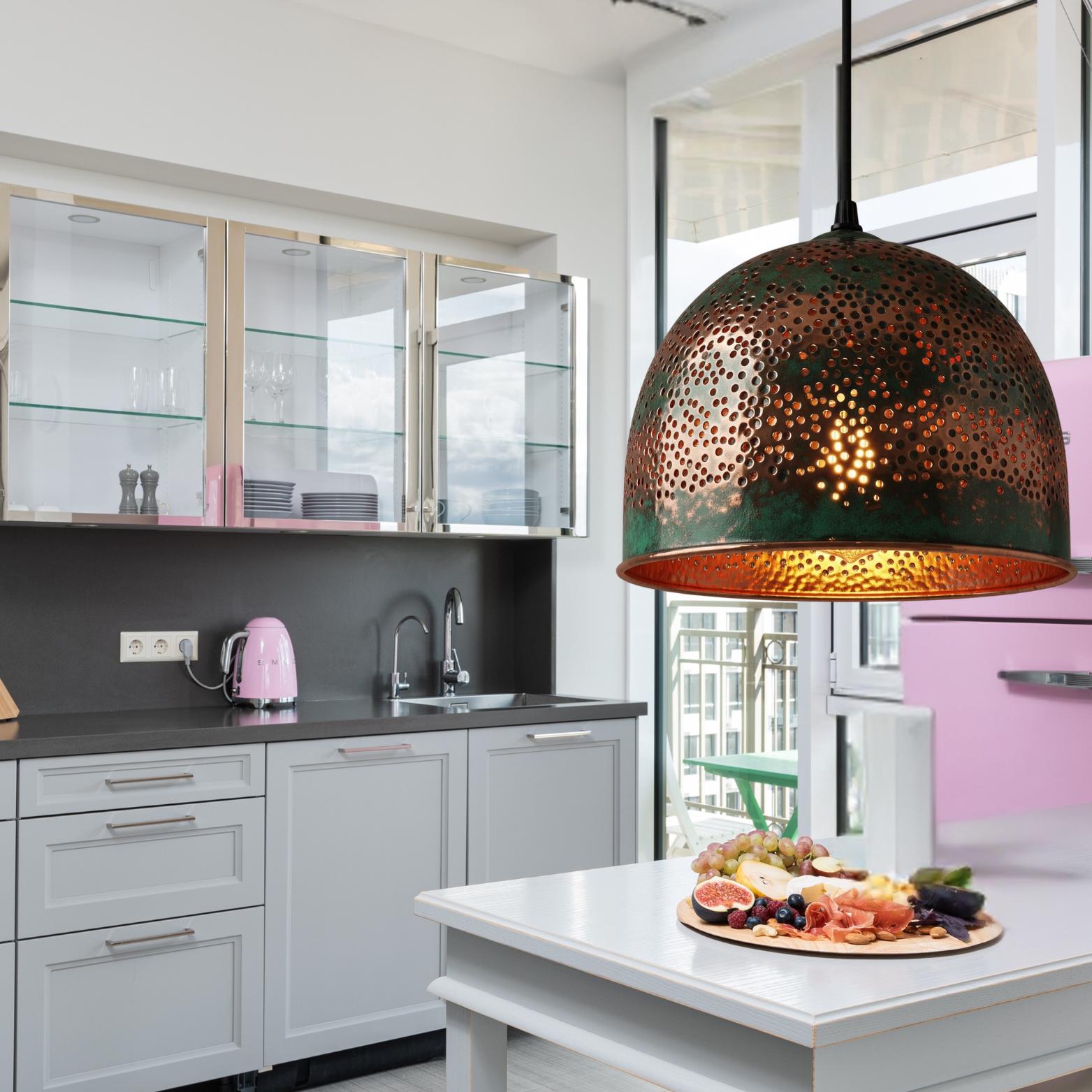Bohemian Dome Pendant Light, Green Patina & Copper "Starry Sky" Lamp, Rustic Pierced Ceiling Fixture
