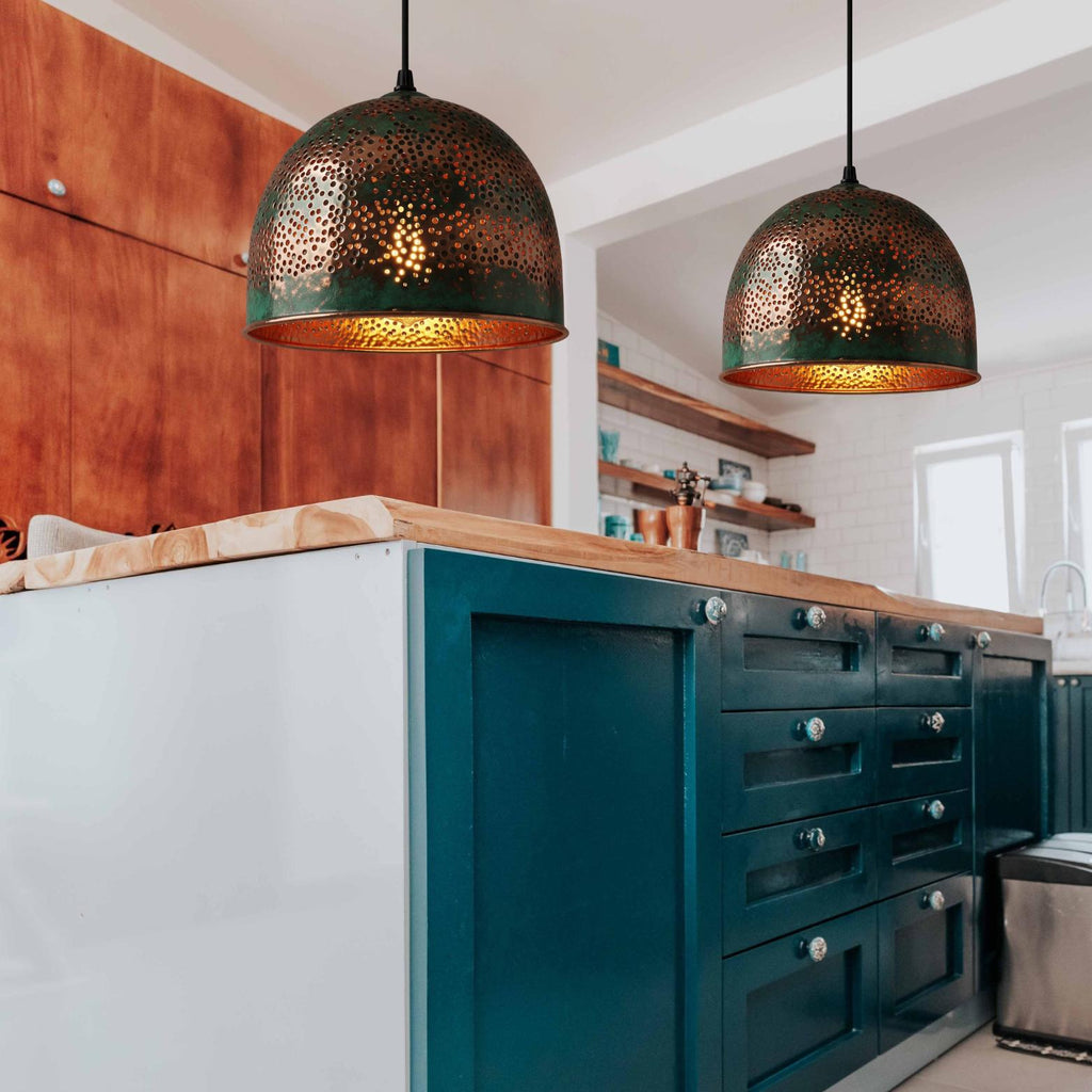 Bohemian Dome Pendant Light, Green Patina & Copper "Starry Sky" Lamp, Rustic Pierced Ceiling Fixture