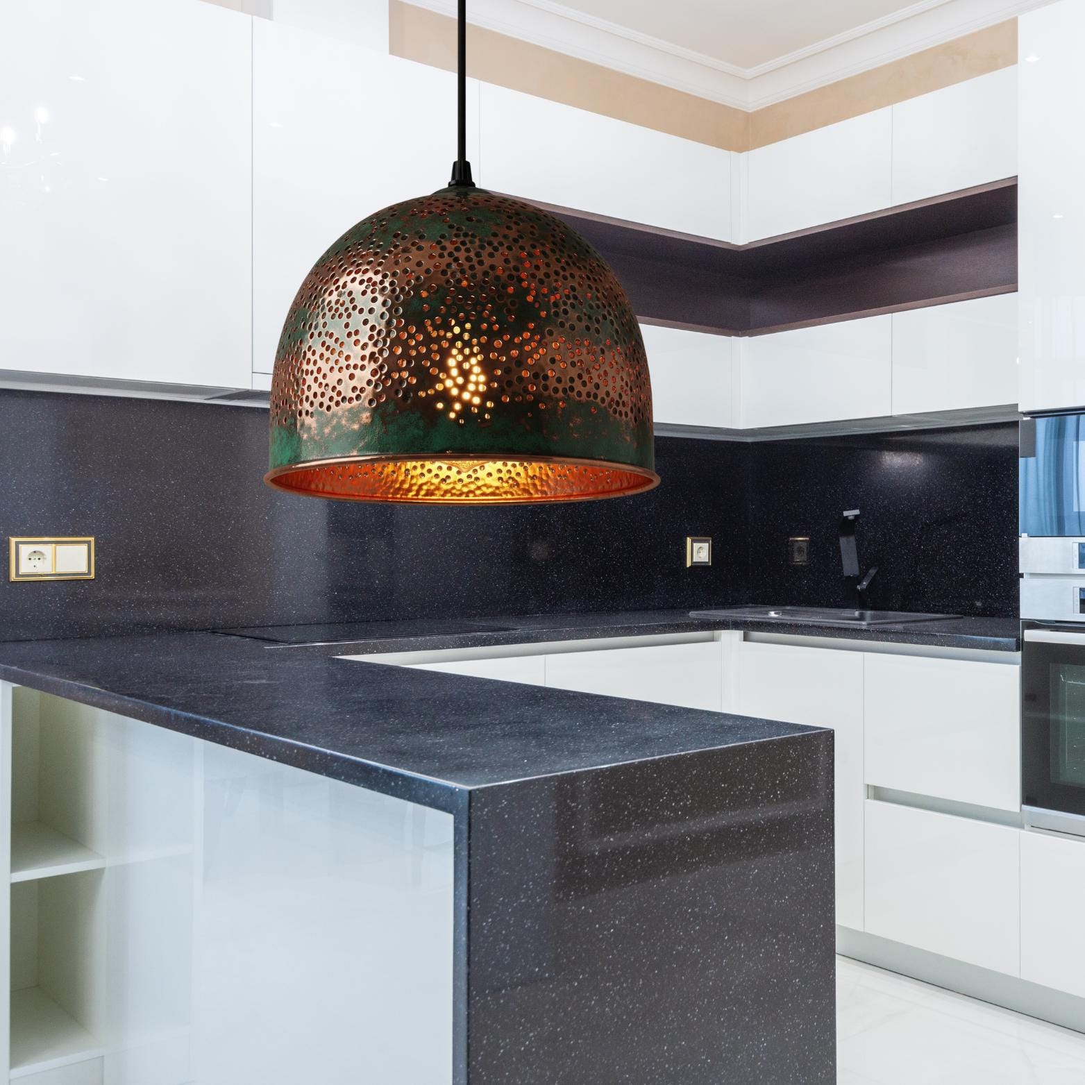 Bohemian Dome Pendant Light, Green Patina & Copper "Starry Sky" Lamp, Rustic Pierced Ceiling Fixture