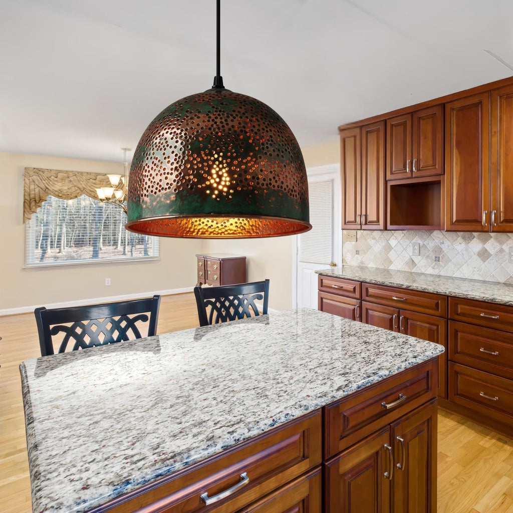 Bohemian Dome Pendant Light, Green Patina & Copper "Starry Sky" Lamp, Rustic Pierced Ceiling Fixture