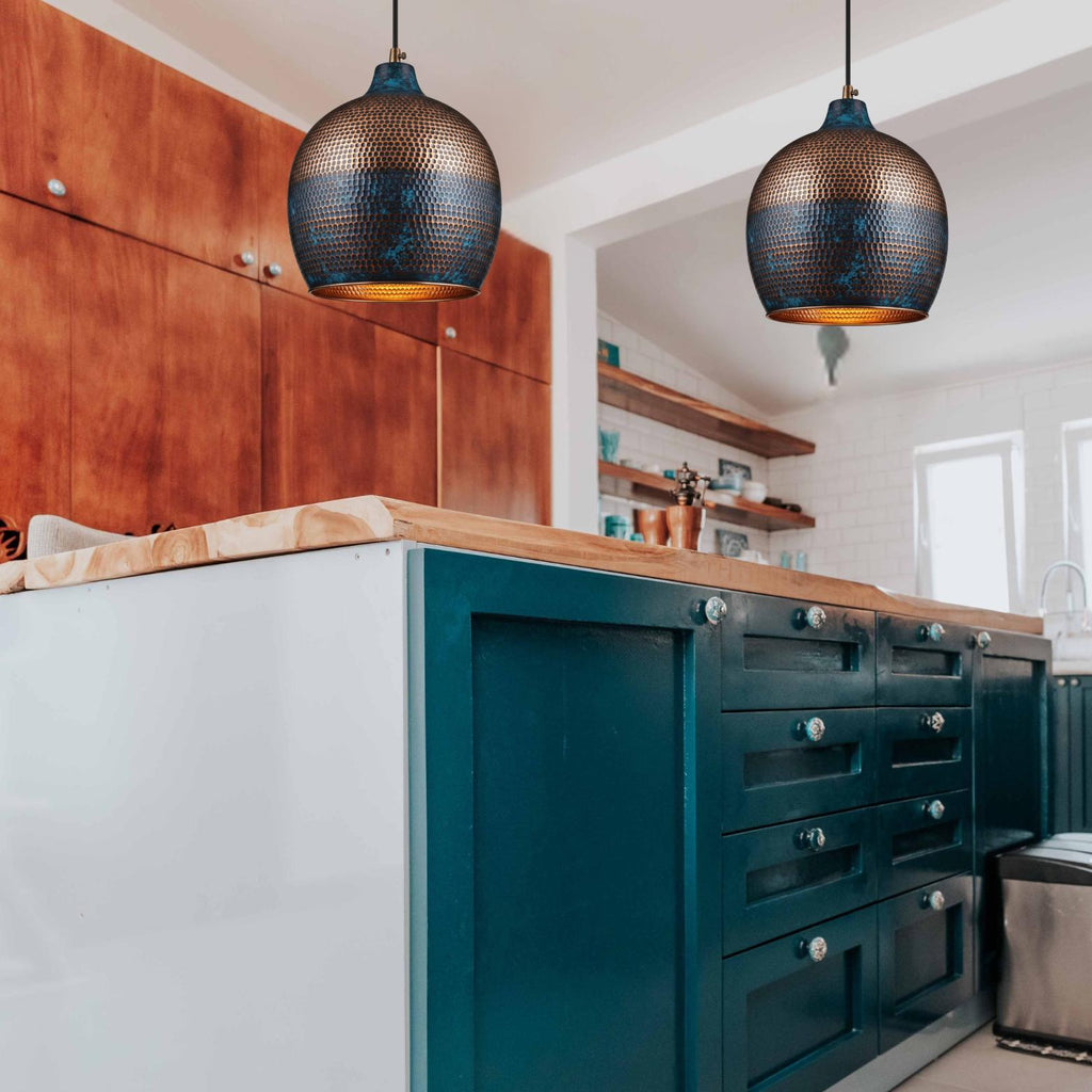 Blue Patina Honeycomb Pendant, Hammered Copper Gourd Lamp, Coastal Mediterranean Lighting, Moroccan Onion Dome