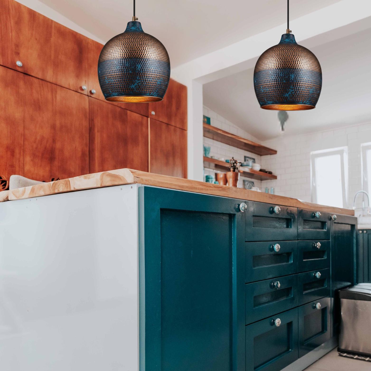 Blue Patina Honeycomb Pendant, Hammered Copper Gourd Lamp, Coastal Mediterranean Lighting, Moroccan Onion Dome