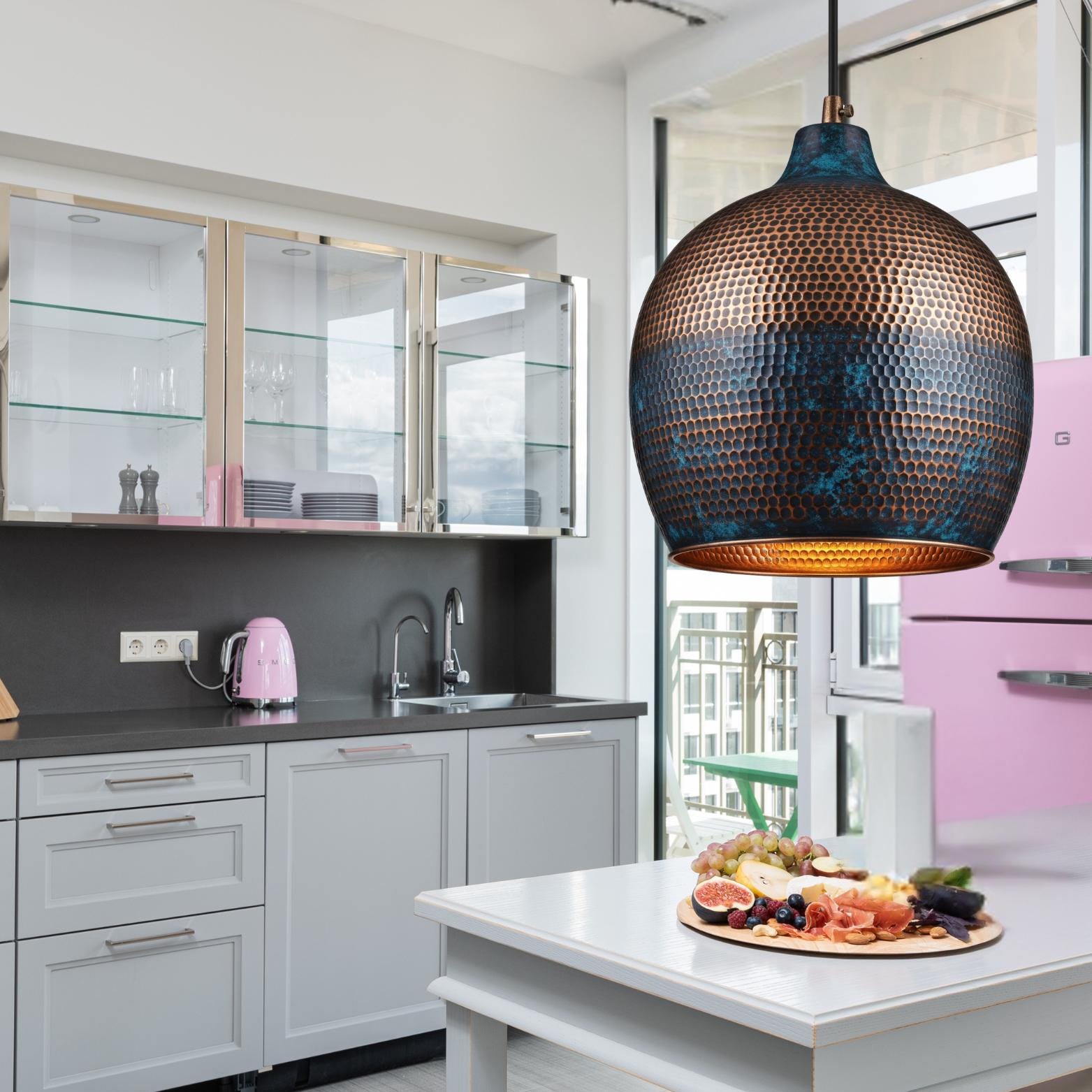 Blue Patina Honeycomb Pendant, Hammered Copper Gourd Lamp, Coastal Mediterranean Lighting, Moroccan Onion Dome
