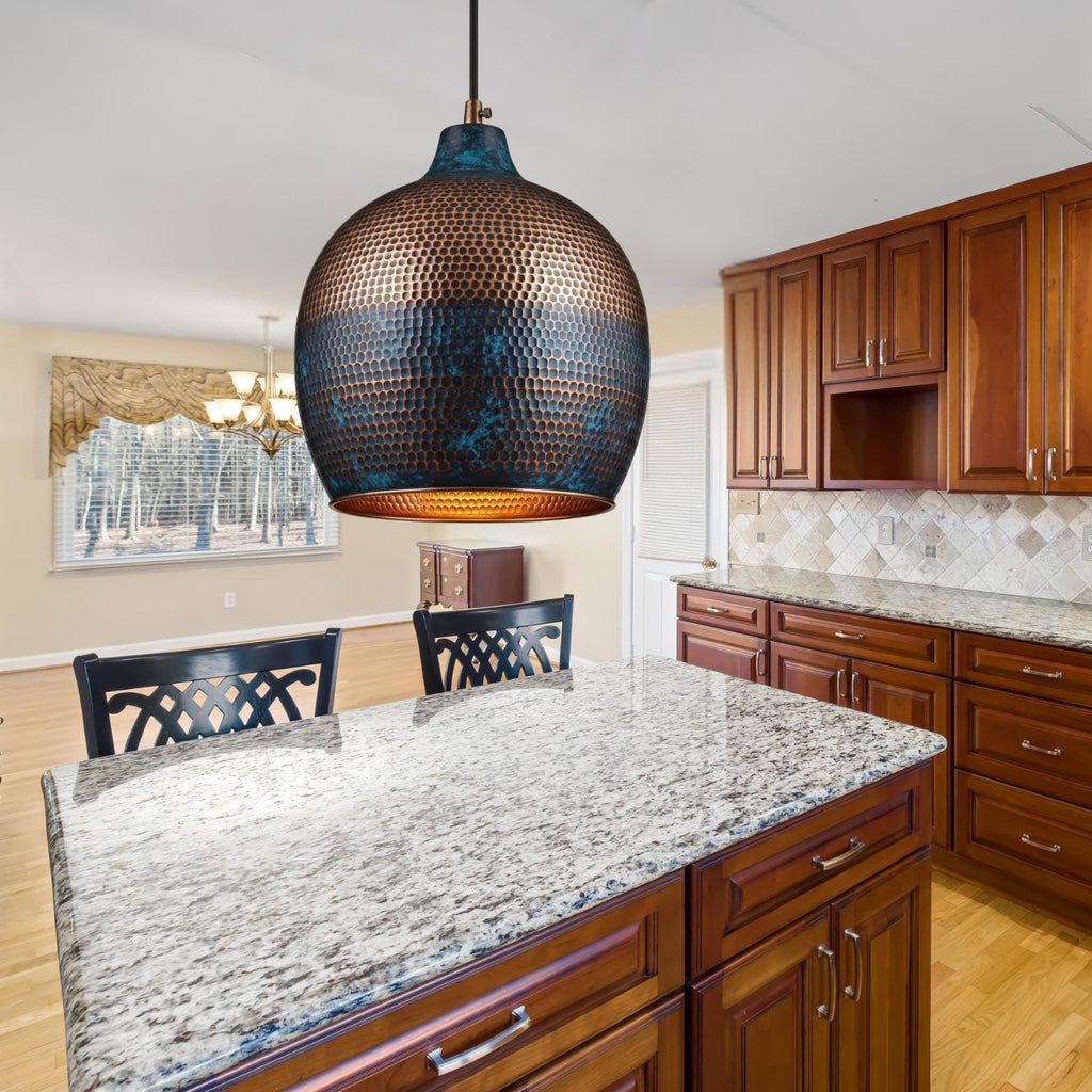 Blue Patina Honeycomb Pendant, Hammered Copper Gourd Lamp, Coastal Mediterranean Lighting, Moroccan Onion Dome