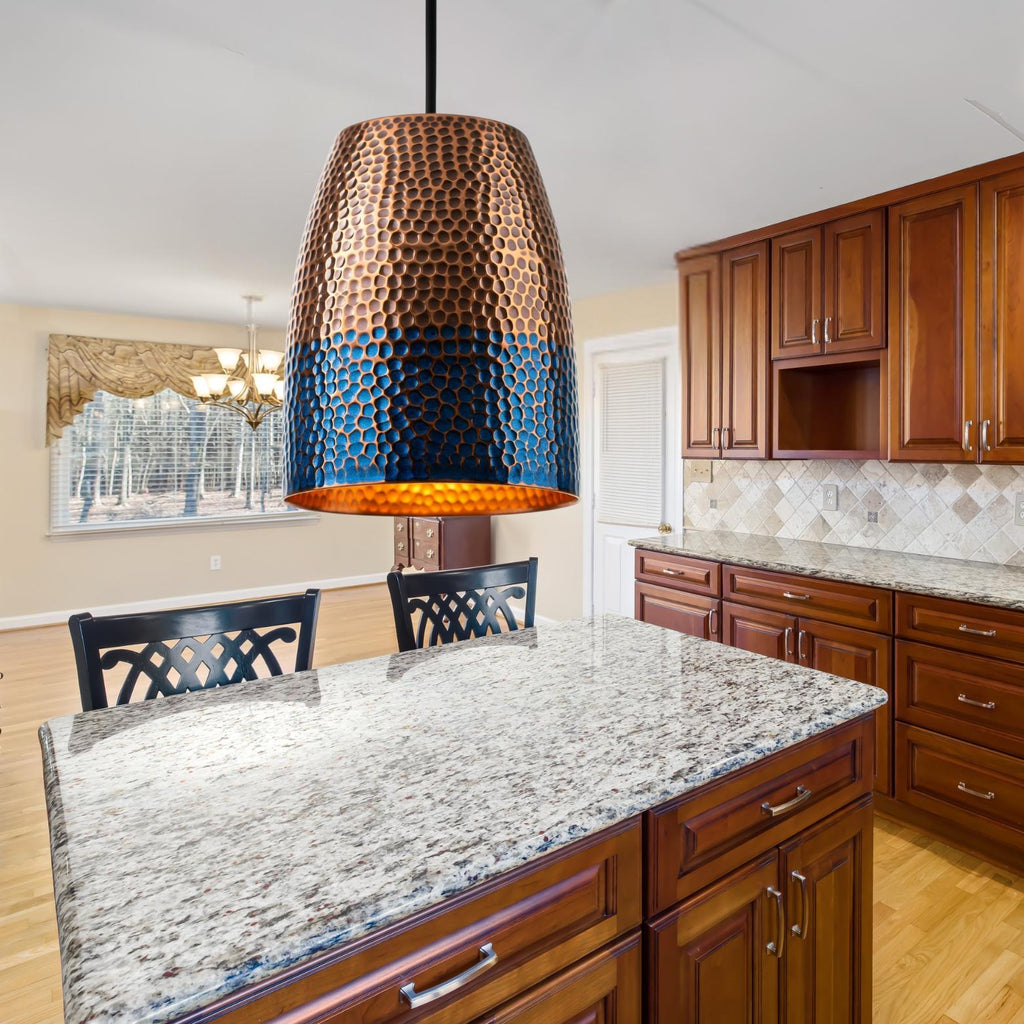Hammered Copper Drum Pendant Light: Blue Patina Honeycomb Lamp, Coastal Lighting