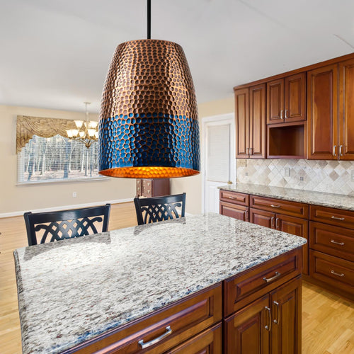 Hammered Copper Drum Pendant Light: Blue Patina Honeycomb Lamp, Coastal Lighting
