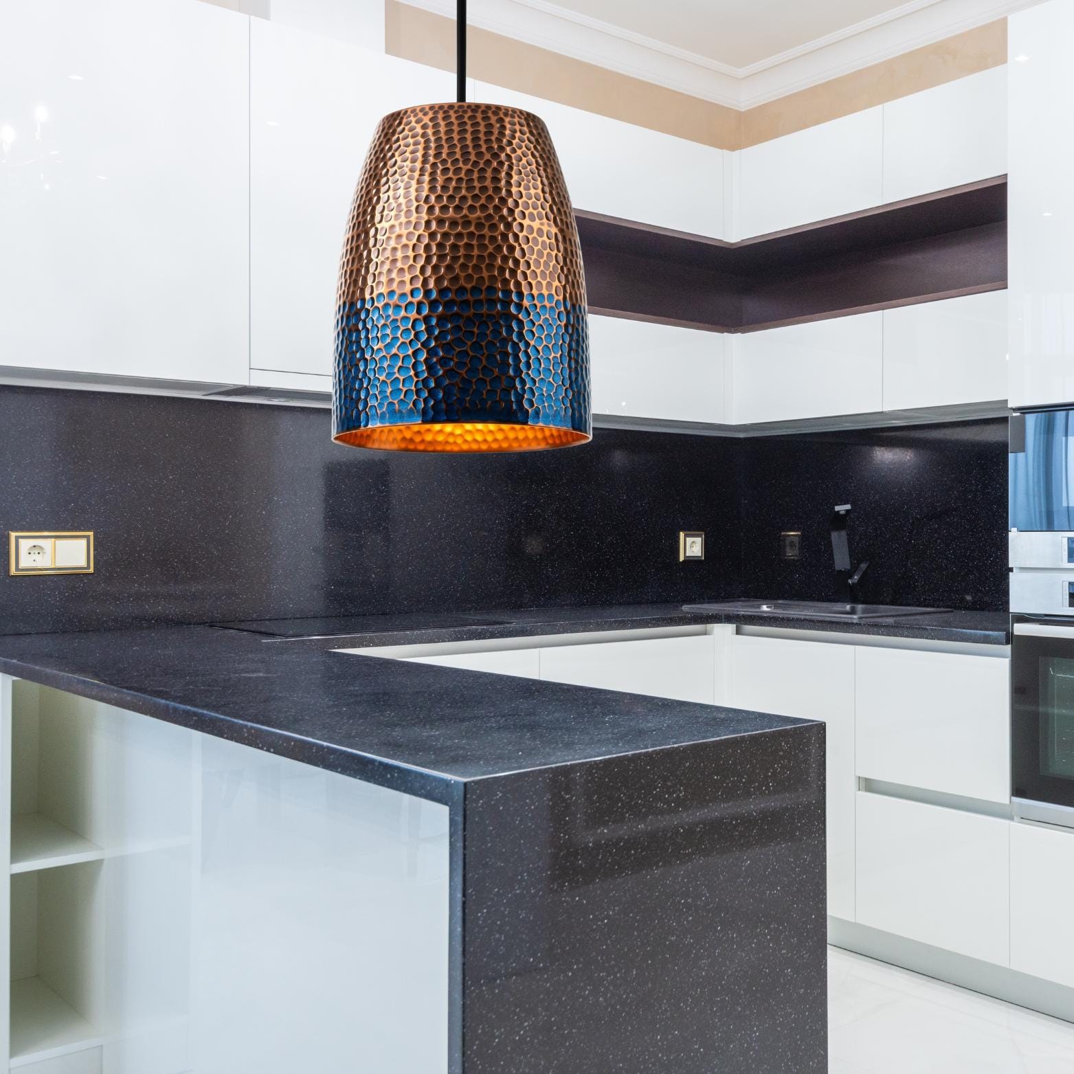 Hammered Copper Drum Pendant Light: Blue Patina Honeycomb Lamp, Coastal Lighting