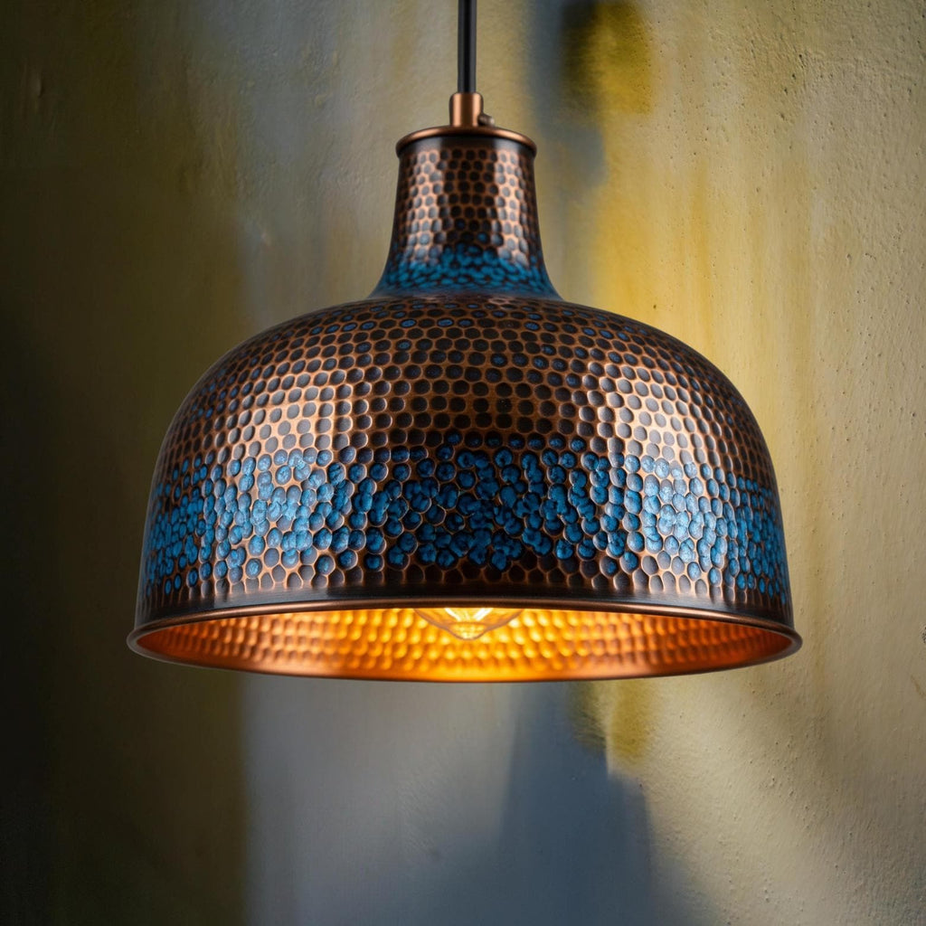 Blue Patina Bell Pendant Light: Moroccan Copper Honeycomb Lamp