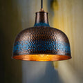 Blue Patina Bell Pendant Light: Moroccan Copper Honeycomb Lamp