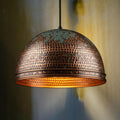 Hammered Honeycomb Dome Pendant, Polished Copper & Green Patina Light, Industrial Farmhouse Lamp
