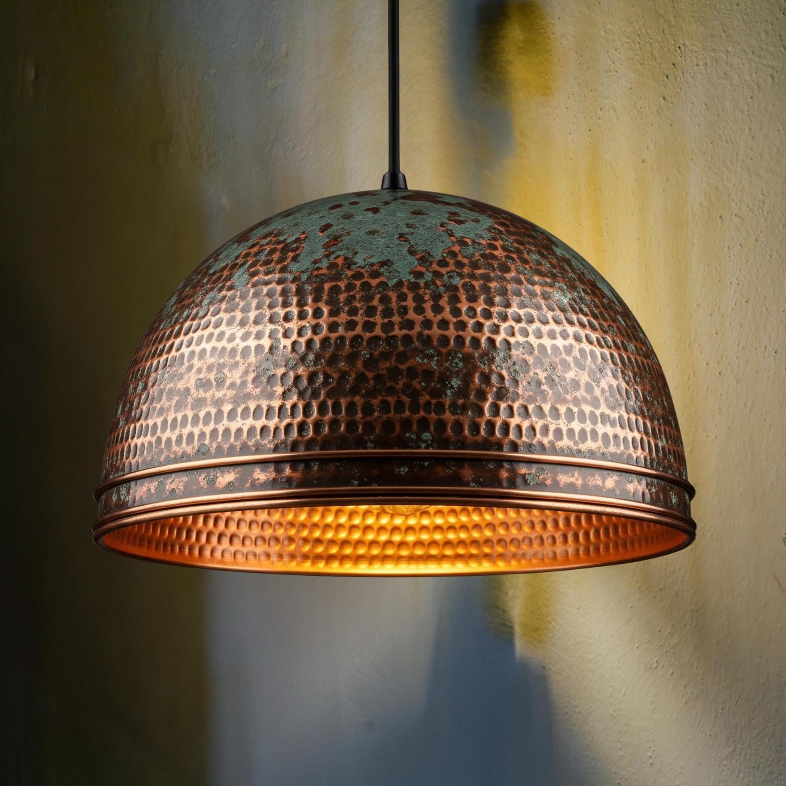 Hammered Honeycomb Dome Pendant, Polished Copper & Green Patina Light, Industrial Farmhouse Lamp