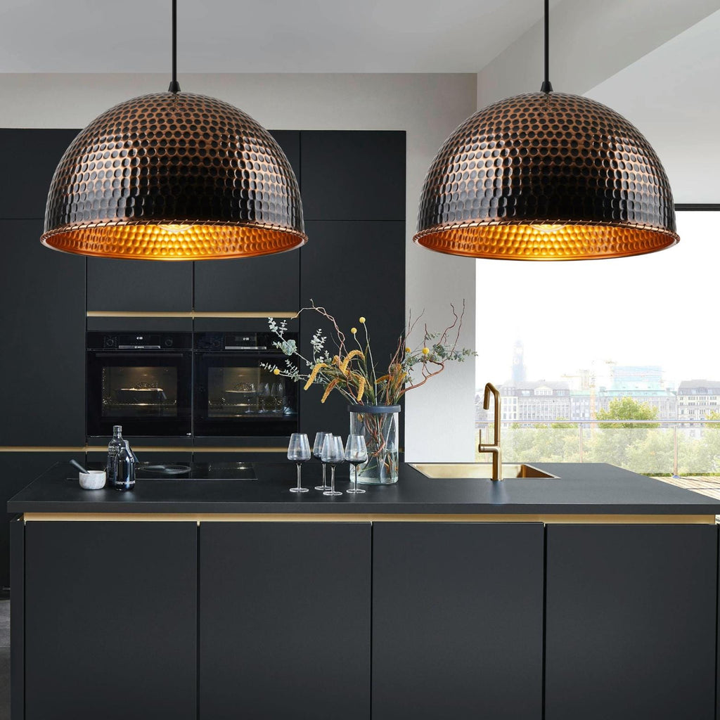Industrial Dome Pendant Light, Blackened Oxidized Copper Lamp, Hammered Honeycomb, Modern Kitchen Lighting