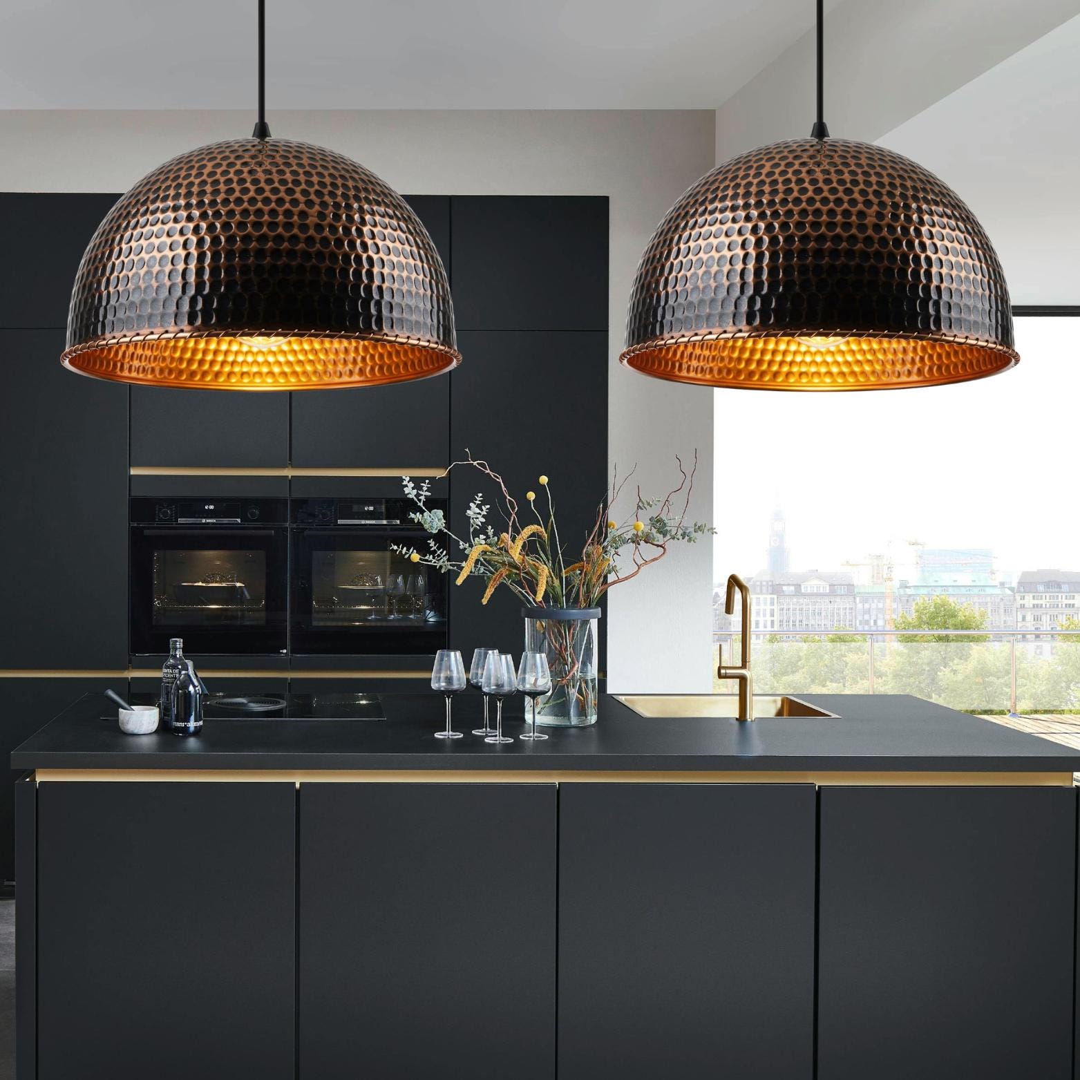 Industrial Dome Pendant Light, Blackened Oxidized Copper Lamp, Hammered Honeycomb, Modern Kitchen Lighting