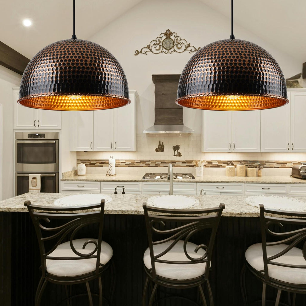 Industrial Dome Pendant Light, Blackened Oxidized Copper Lamp, Hammered Honeycomb, Modern Kitchen Lighting