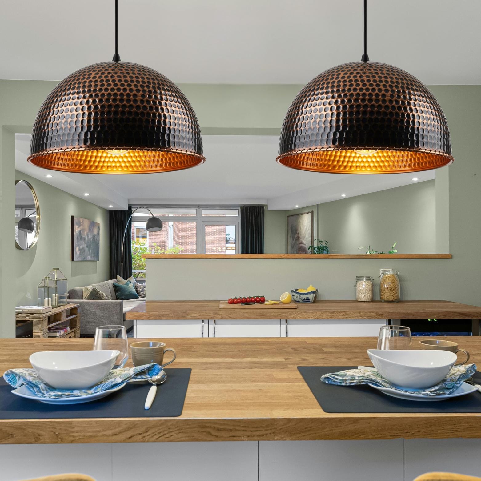 Industrial Dome Pendant Light, Blackened Oxidized Copper Lamp, Hammered Honeycomb, Modern Kitchen Lighting