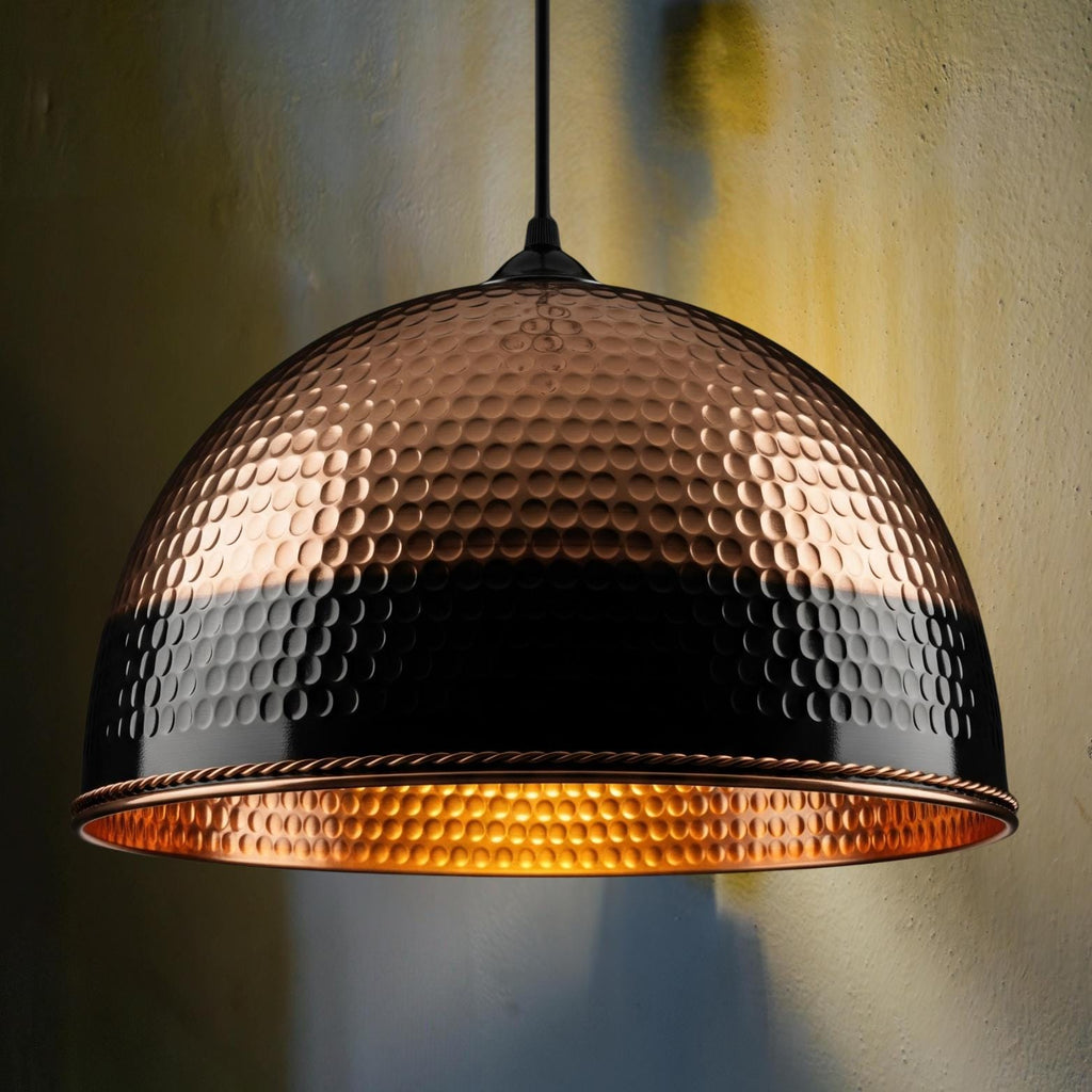 Modern Black and Copper Dome Pendant, Two-Tone Hammered Honeycomb Lamp, Industrial Chic Lighting