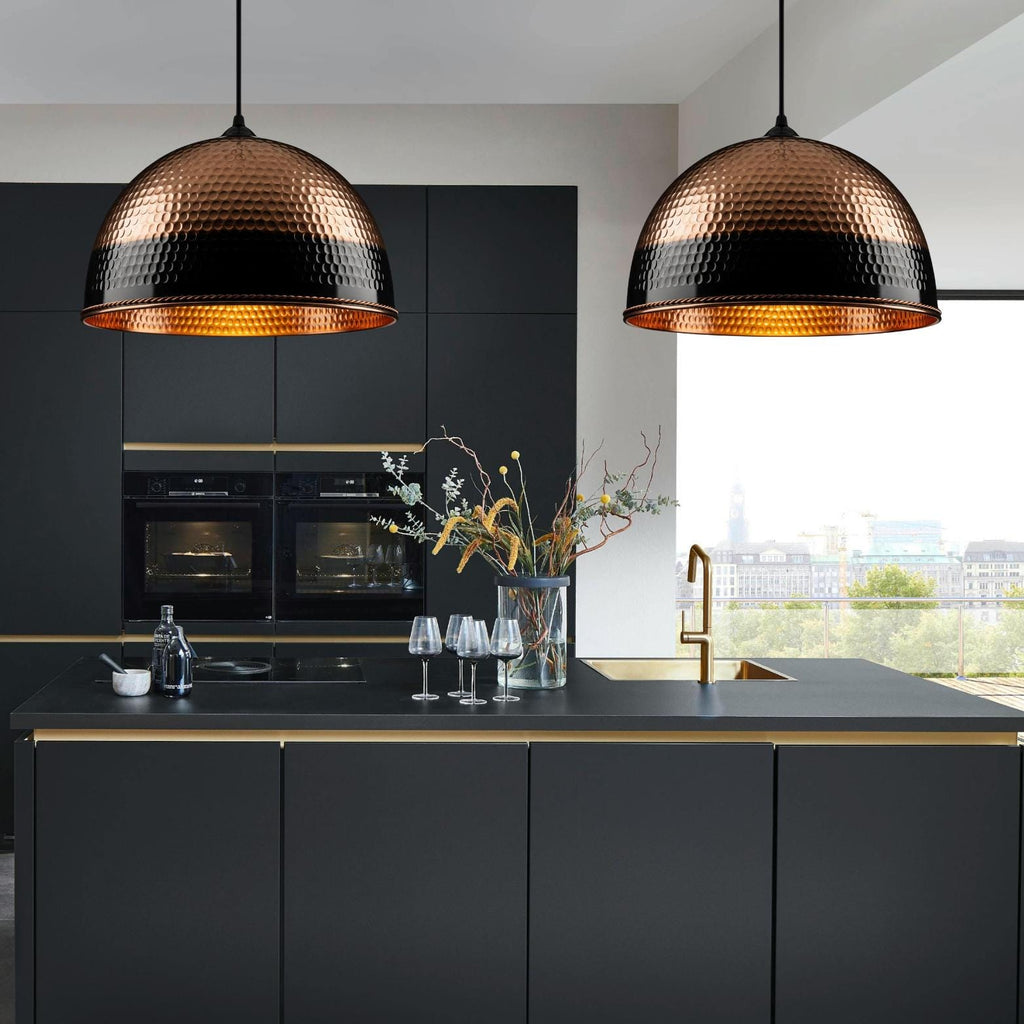Modern Black and Copper Dome Pendant, Two-Tone Hammered Honeycomb Lamp, Industrial Chic Lighting
