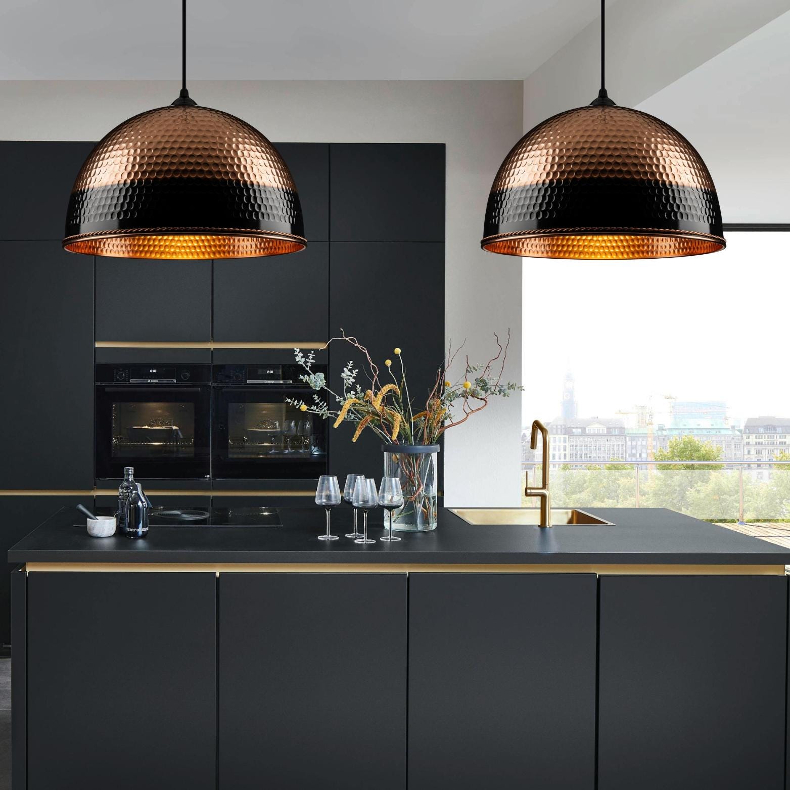 Modern Black and Copper Dome Pendant, Two-Tone Hammered Honeycomb Lamp, Industrial Chic Lighting