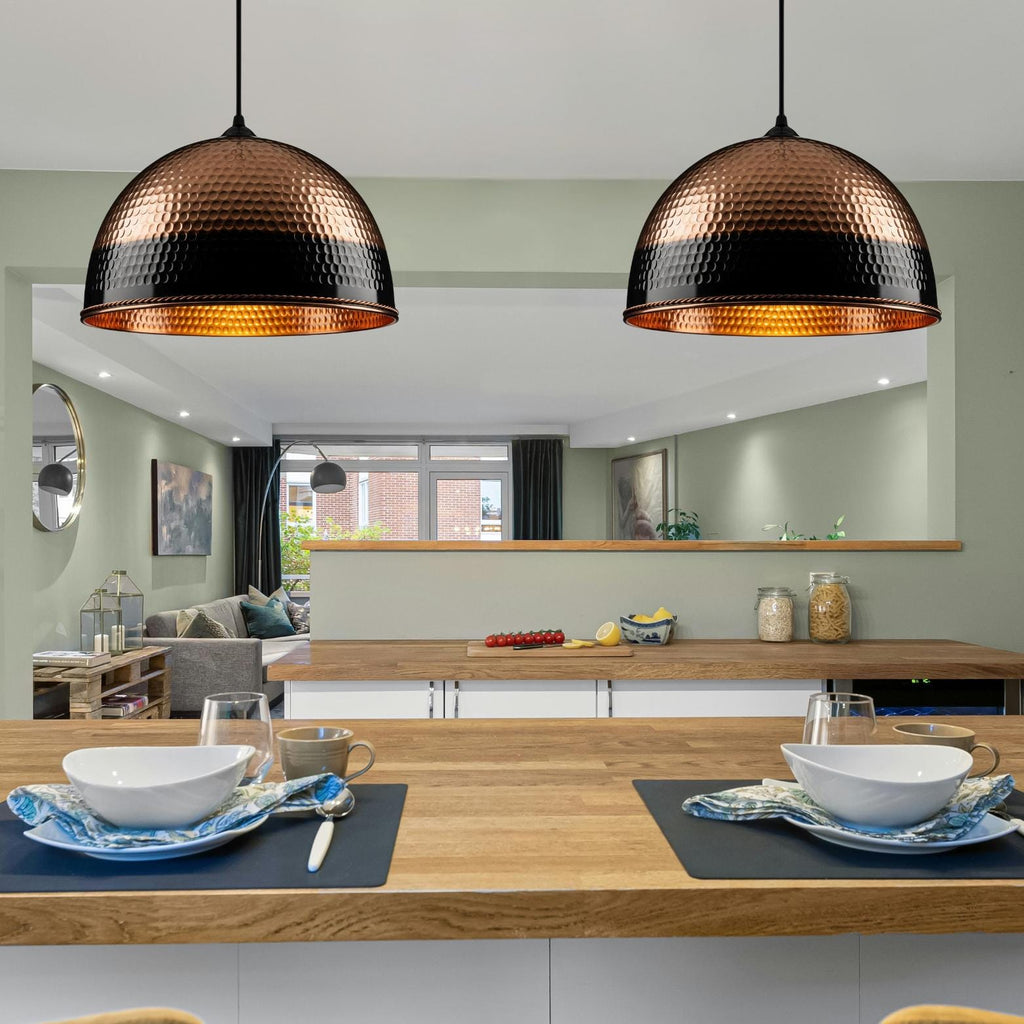 Modern Black and Copper Dome Pendant, Two-Tone Hammered Honeycomb Lamp, Industrial Chic Lighting