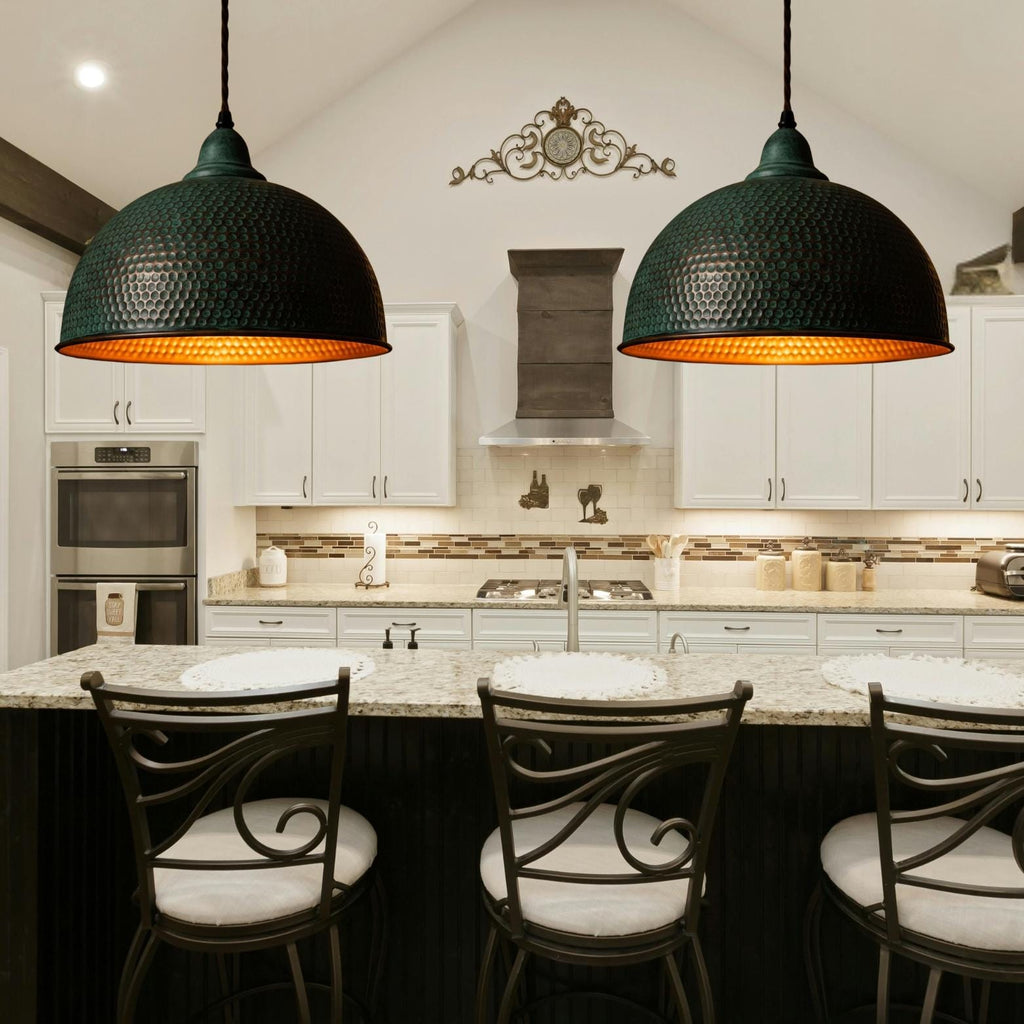 Hand Hammered Copper Bell Pendant Light: Green Patina Honeycomb Lamp